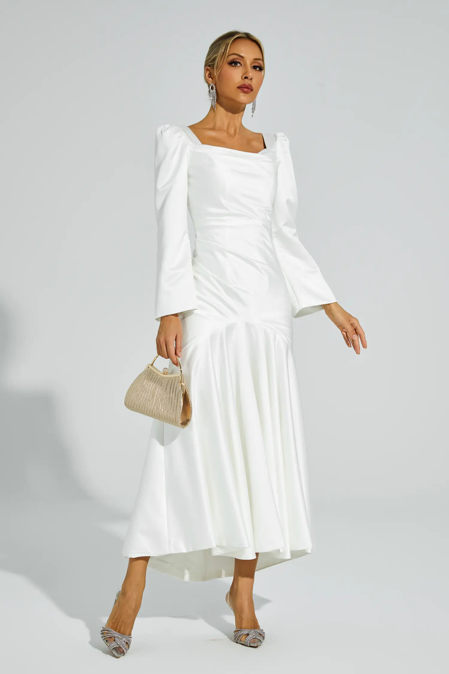 Bruno White Satin Evening Dress-CATCHALL