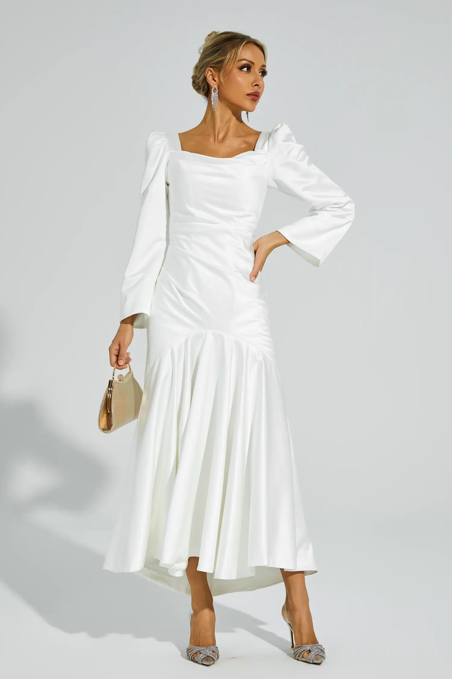 Bruno White Satin Evening Dress-CATCHALL