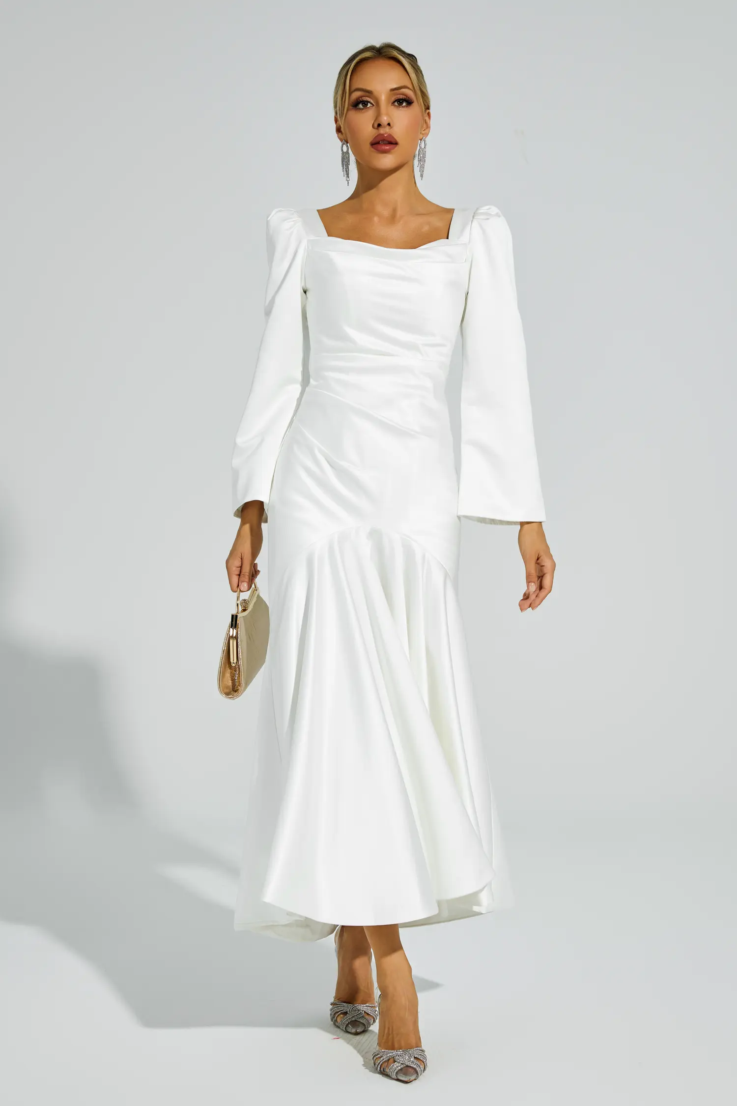 Bruno White Satin Evening Dress-CATCHALL