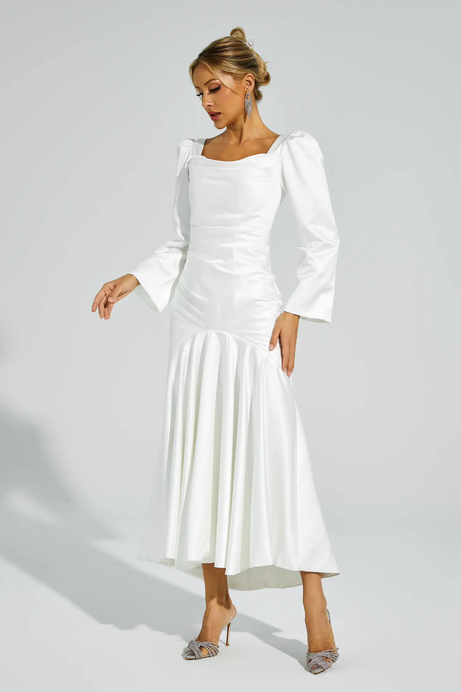 Bruno White Satin Evening Dress-CATCHALL