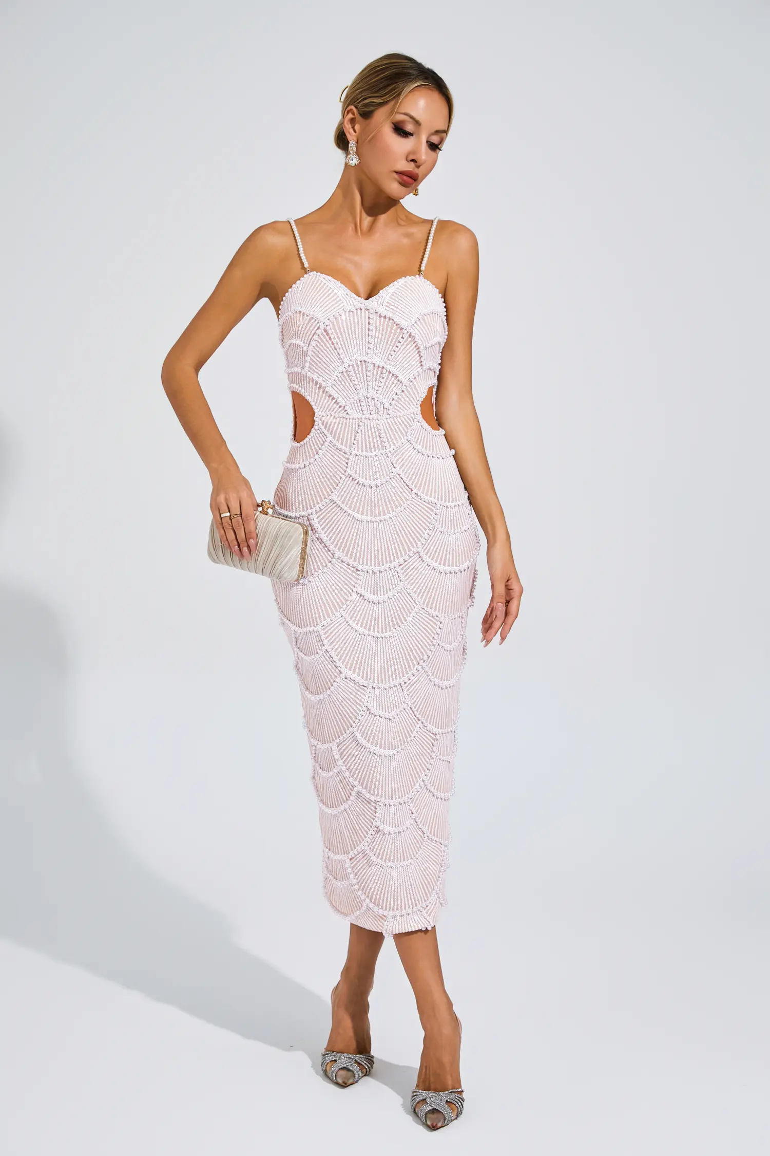 Bryce Beige Pearls Midi Slip Dress-CATCHALL