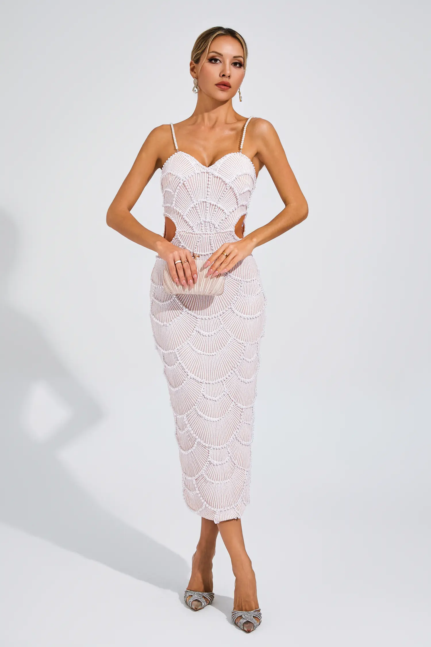 Bryce Beige Pearls Midi Slip Dress-CATCHALL