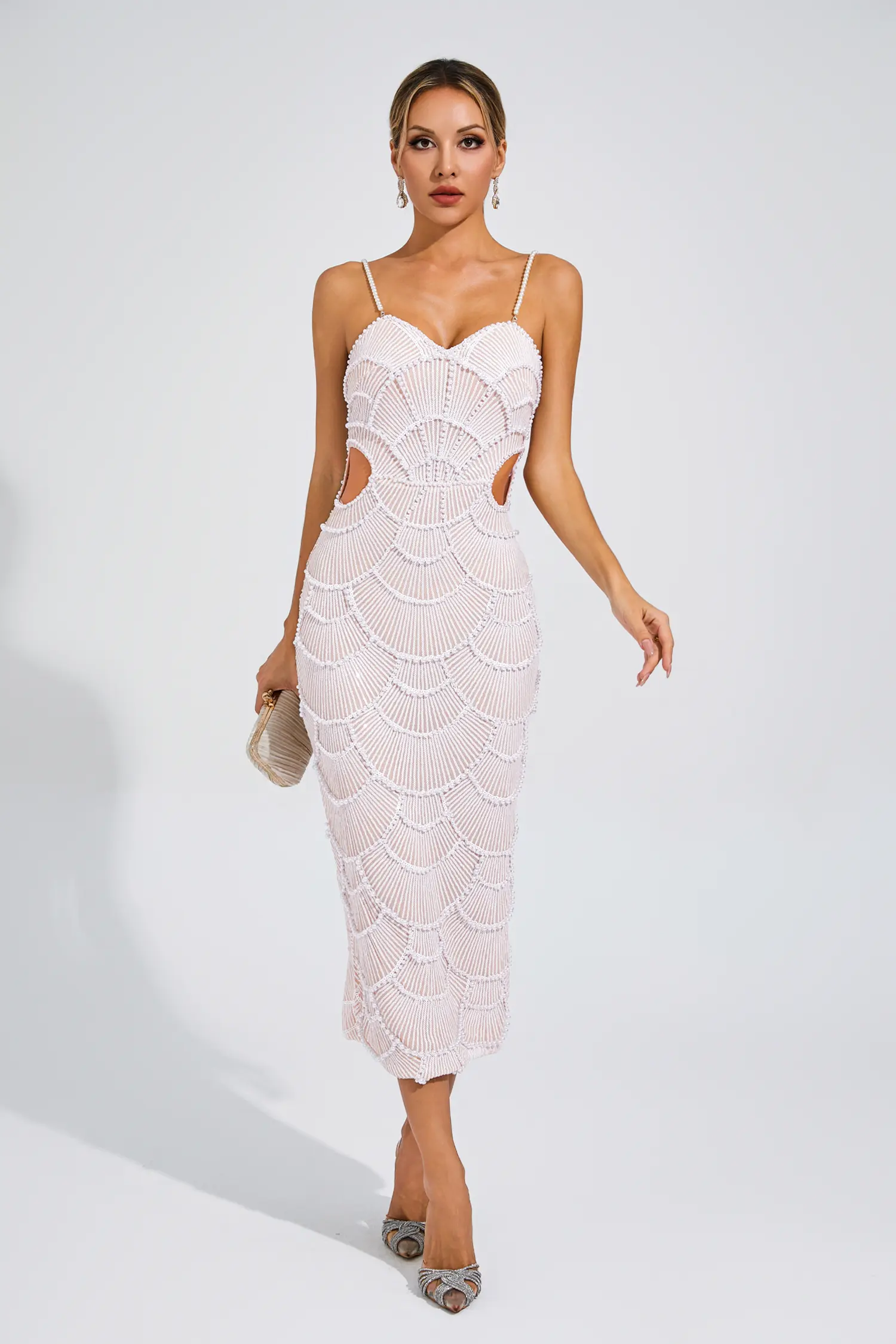 Bryce Beige Pearls Midi Slip Dress-CATCHALL
