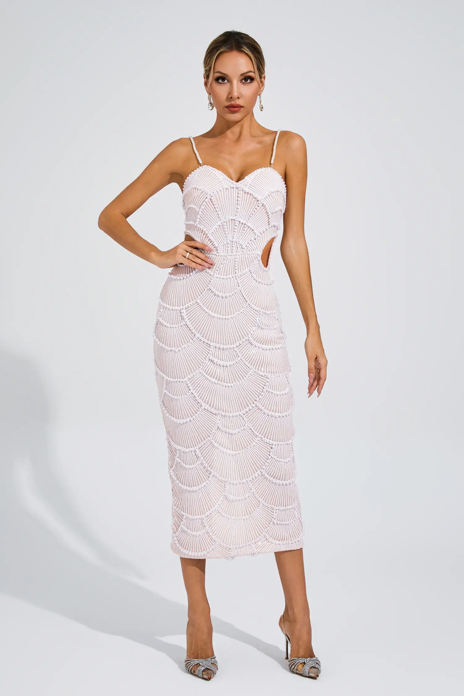 Bryce Beige Pearls Midi Slip Dress-CATCHALL