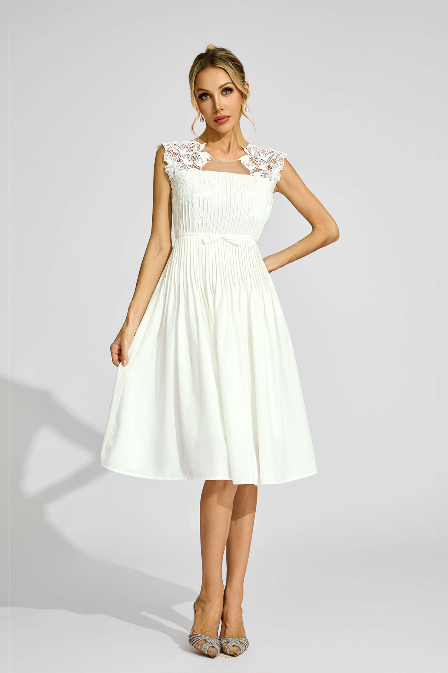 Burns White Lace Embellished Midi Dress