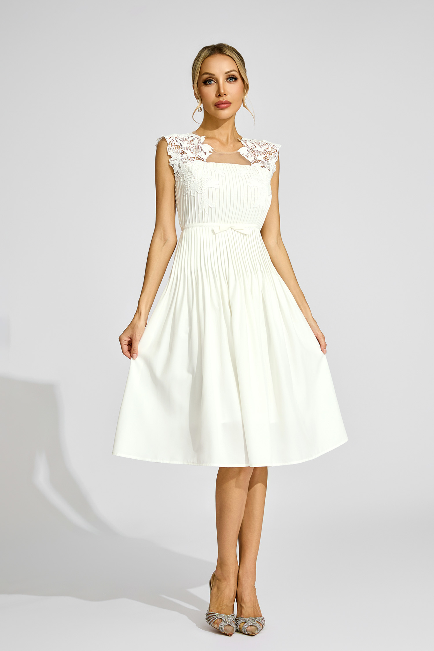 Burns White Lace Embellished Midi Dress
