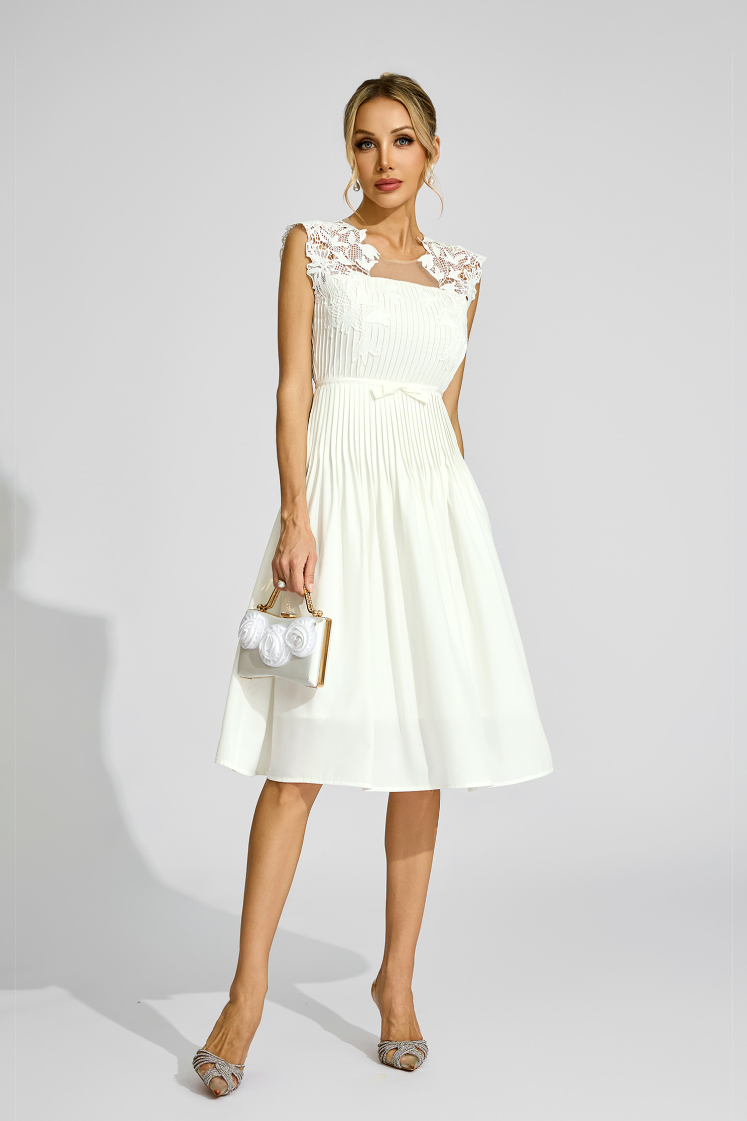 Burns White Lace Embellished Midi Dress