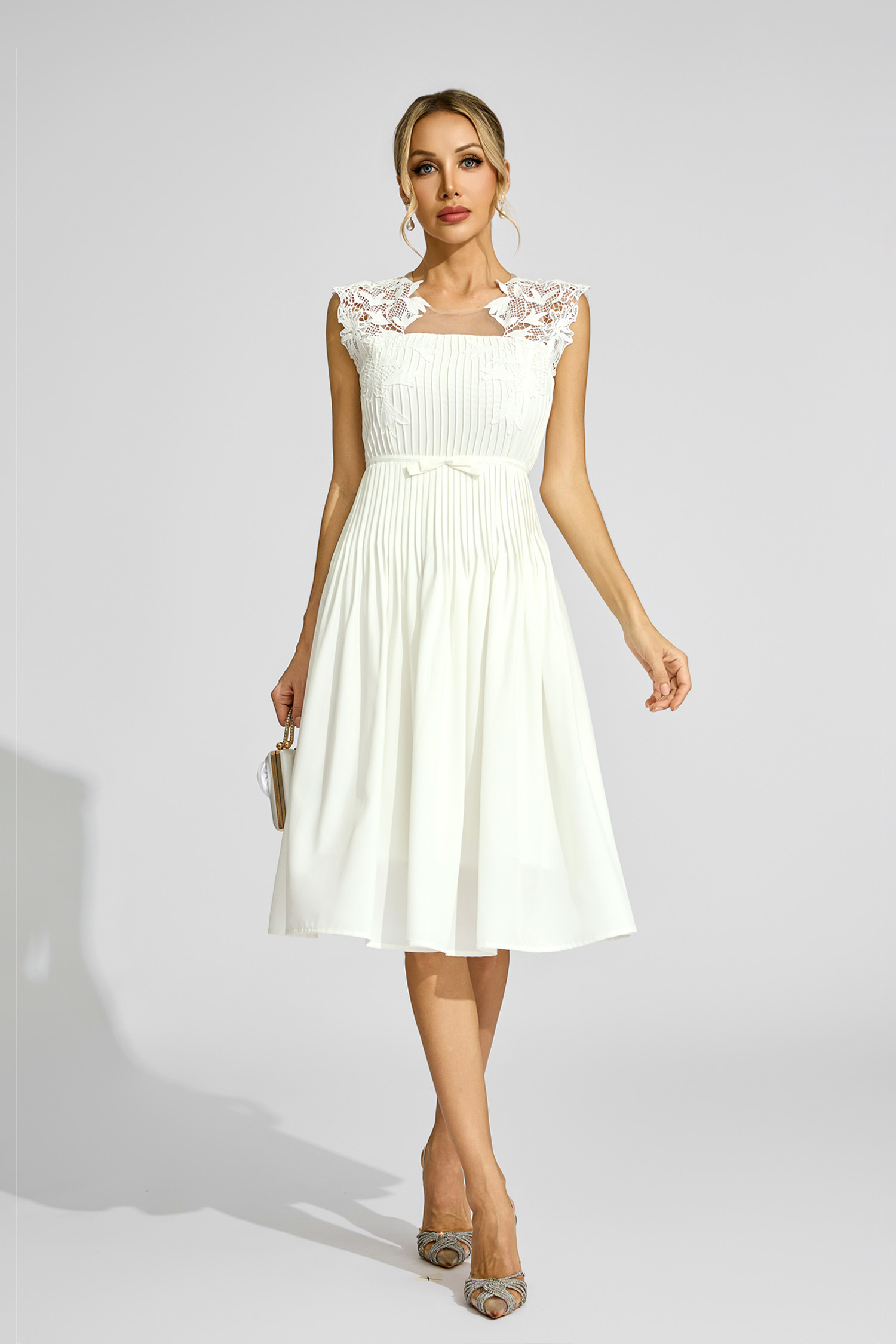 Burns White Lace Embellished Midi Dress