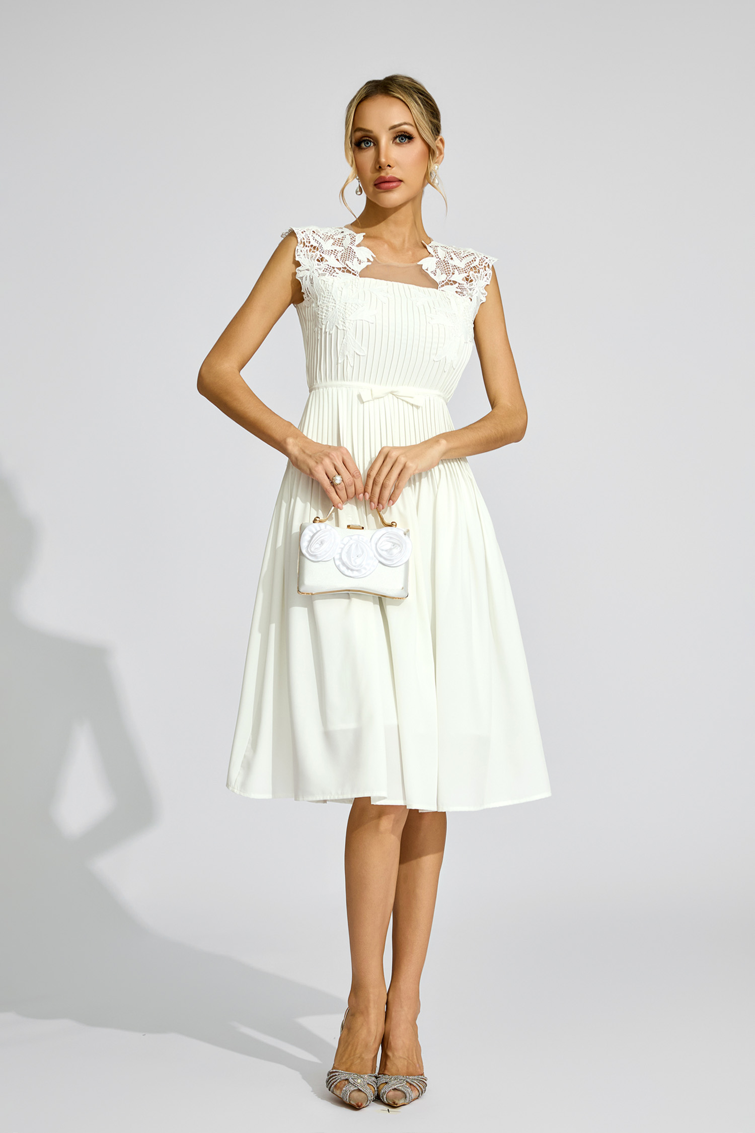 Burns White Lace Embellished Midi Dress