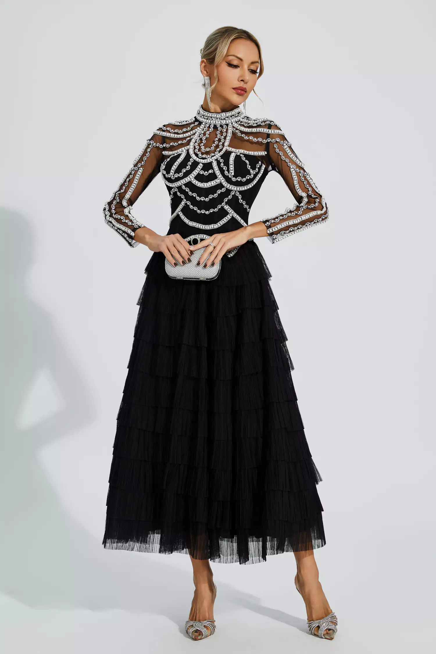 Cadence Black Beading Maxi Evening Dress-CATCHALL