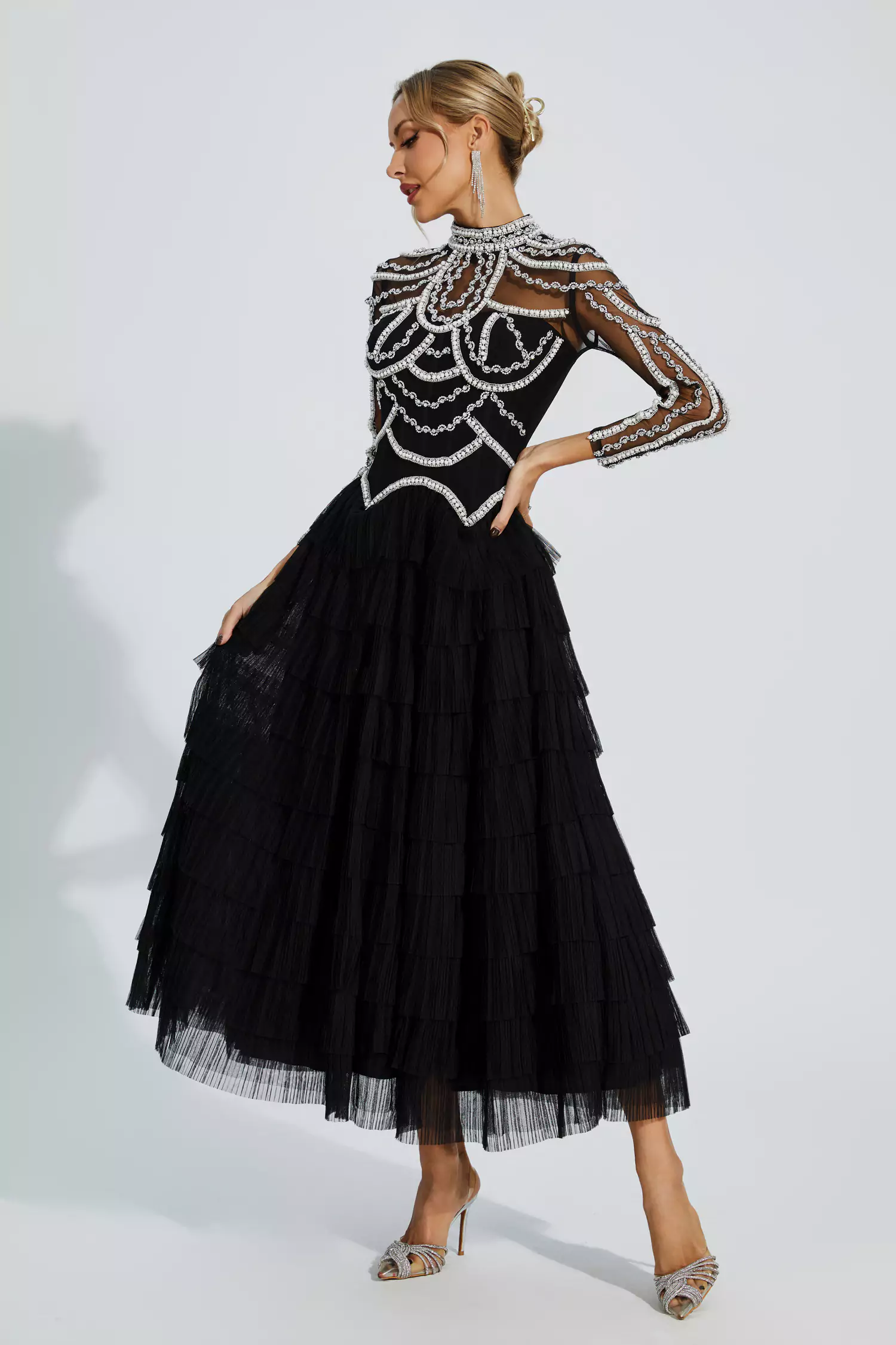 Cadence Black Beading Maxi Evening Dress-CATCHALL