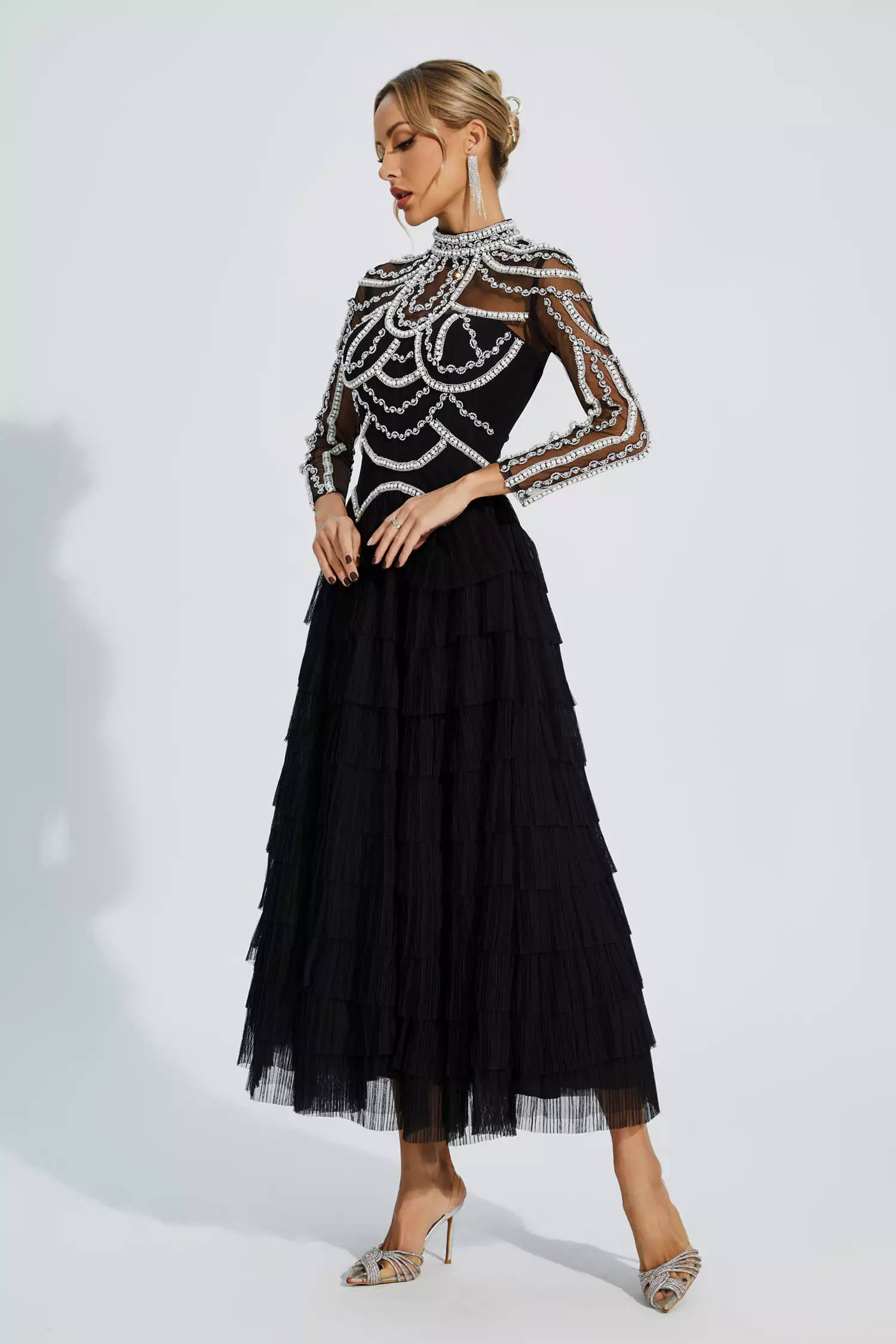 Cadence Black Beading Maxi Evening Dress-CATCHALL