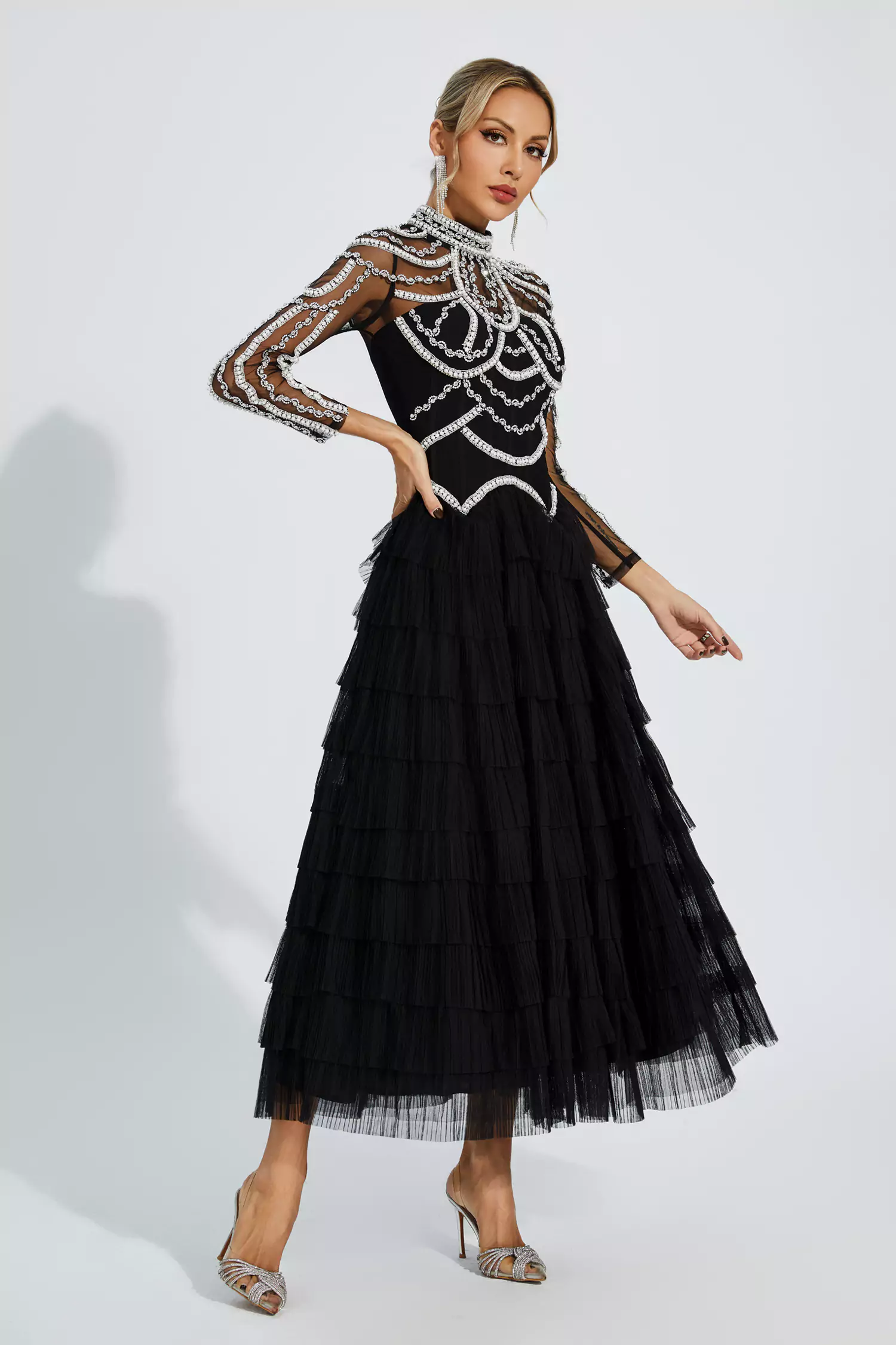 Cadence Black Beading Maxi Evening Dress-CATCHALL