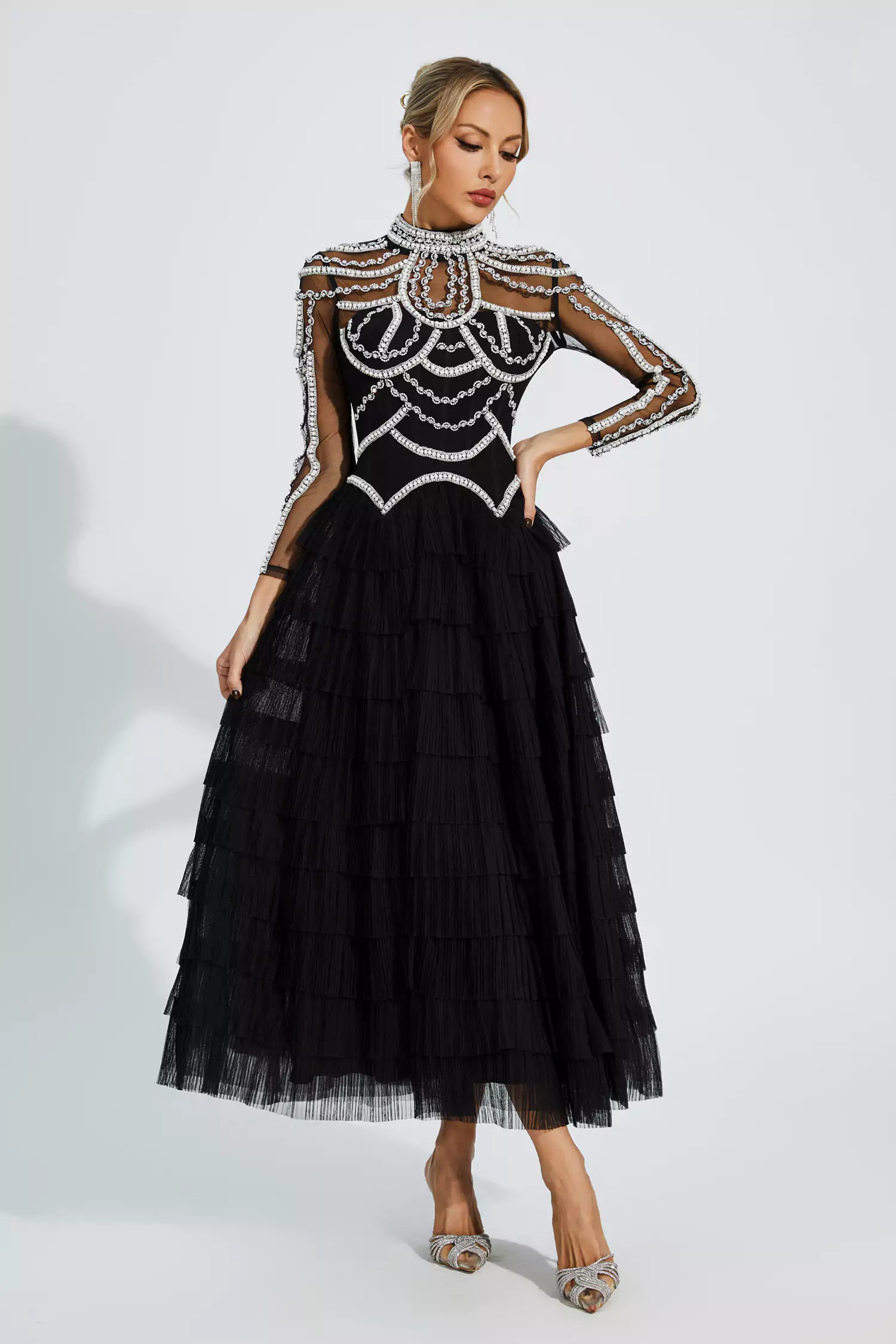Cadence Black Beading Maxi Evening Dress-CATCHALL