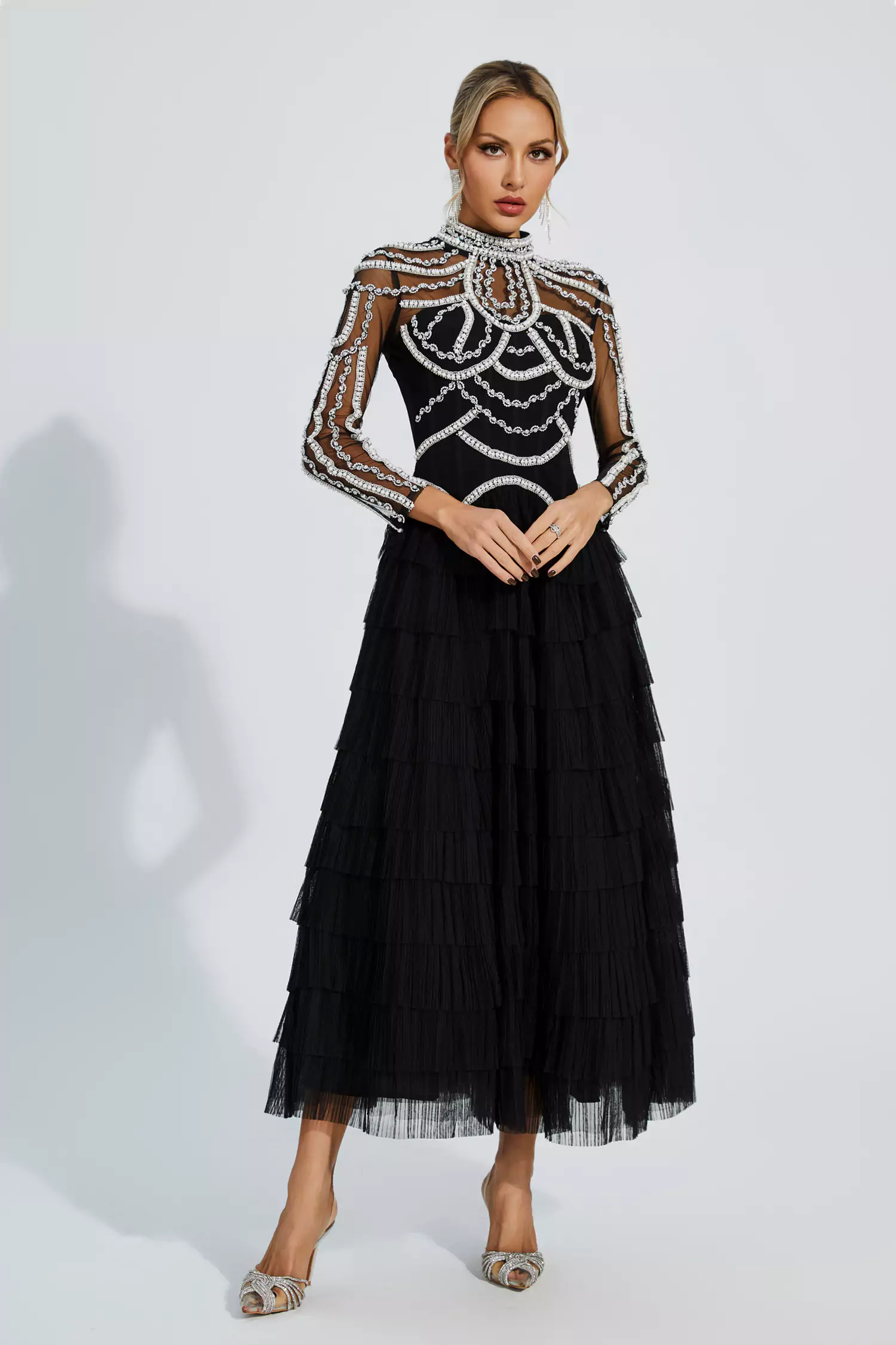 Cadence Black Beading Maxi Evening Dress-CATCHALL