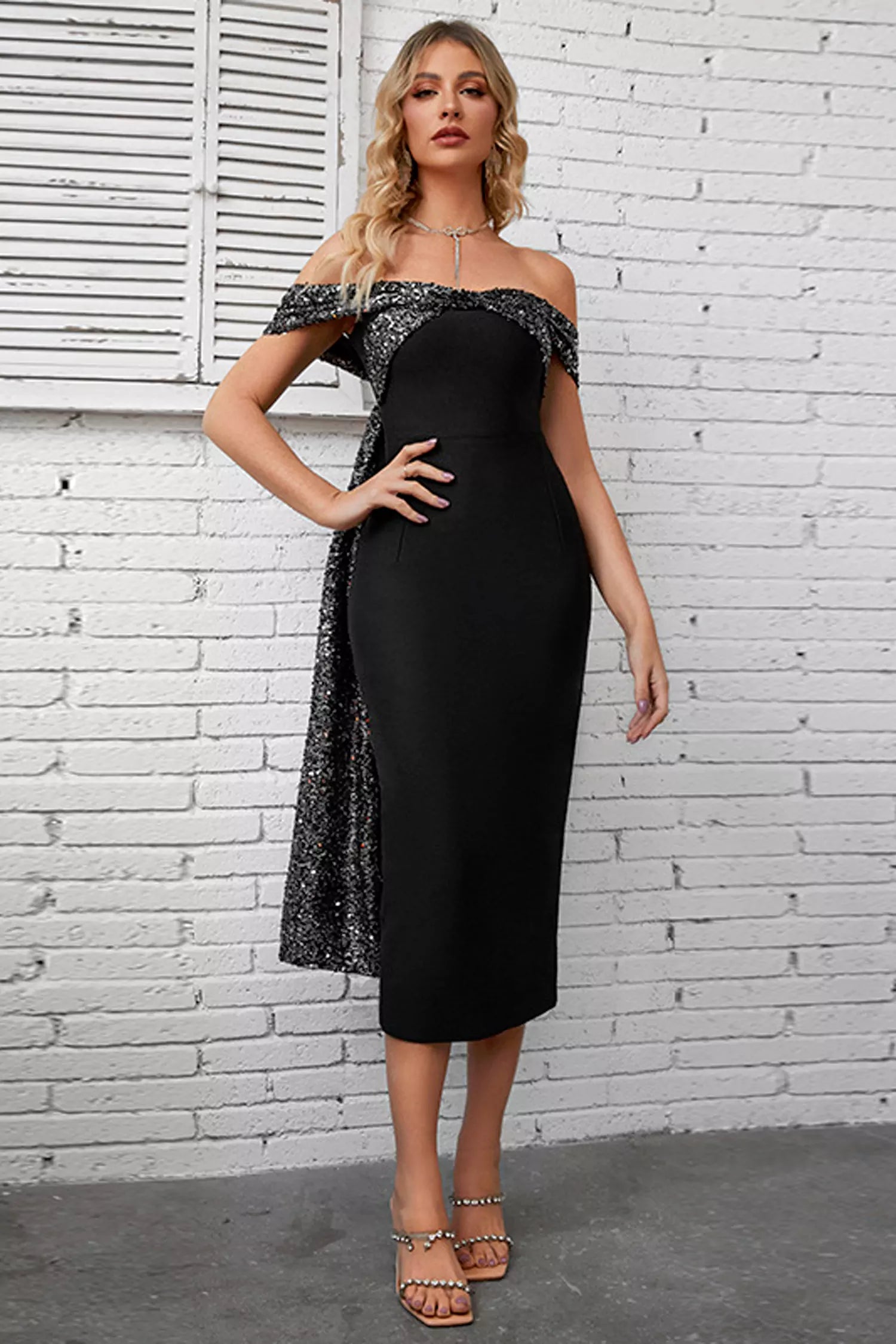 Cali Black Sequin Midi Dress