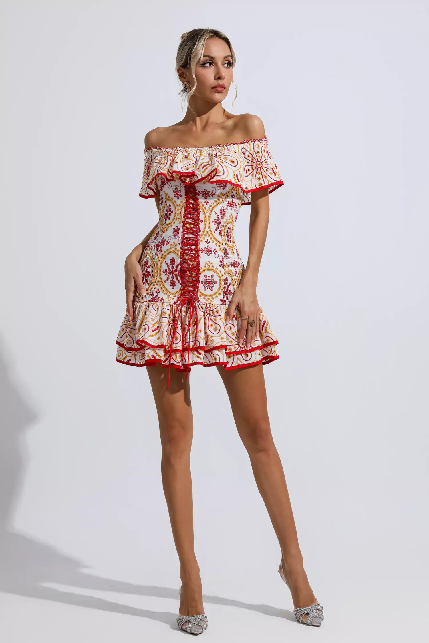 Carmen Red Printed Ruffle Cutout Mini Dress-CATCHALL