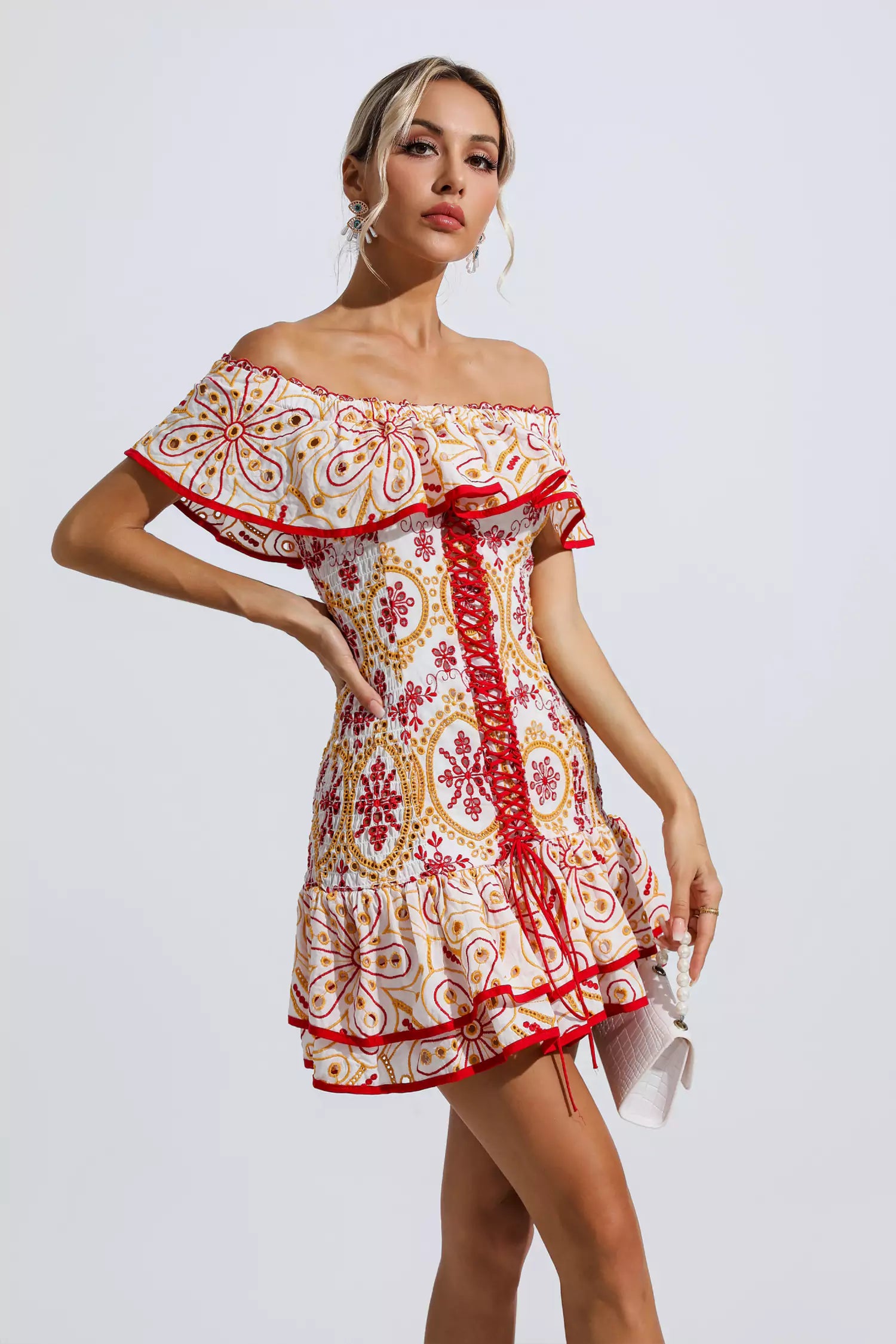 Carmen Red Printed Ruffle Cutout Mini Dress-CATCHALL