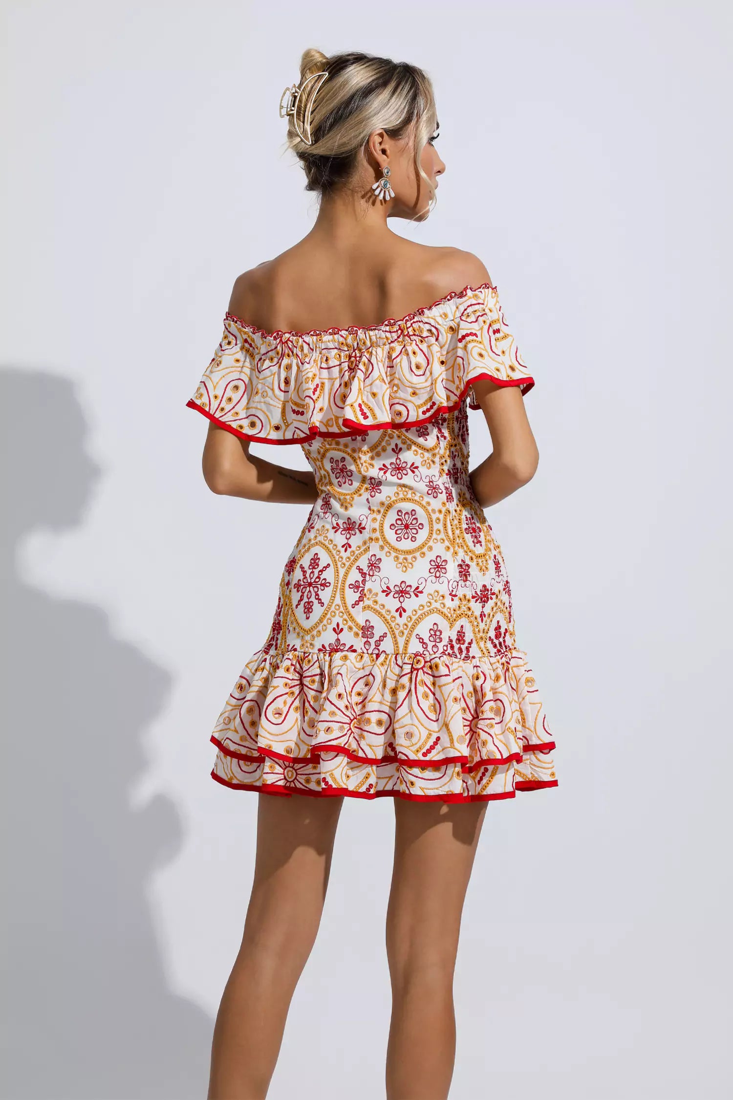 Carmen Red Printed Ruffle Cutout Mini Dress-CATCHALL