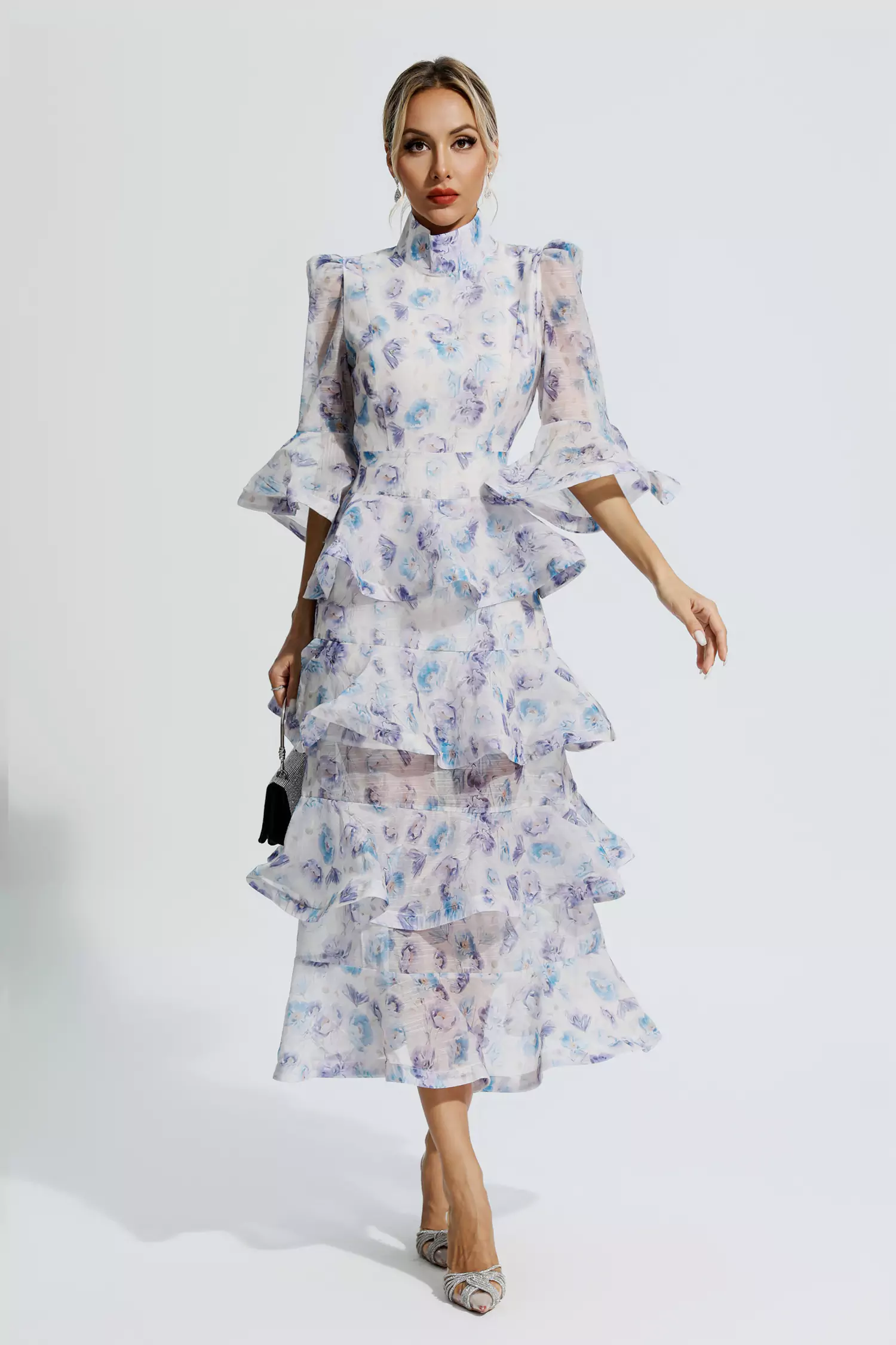 Carolina Blue Purple Floral Ruched Maxi Dress-CATCHALL
