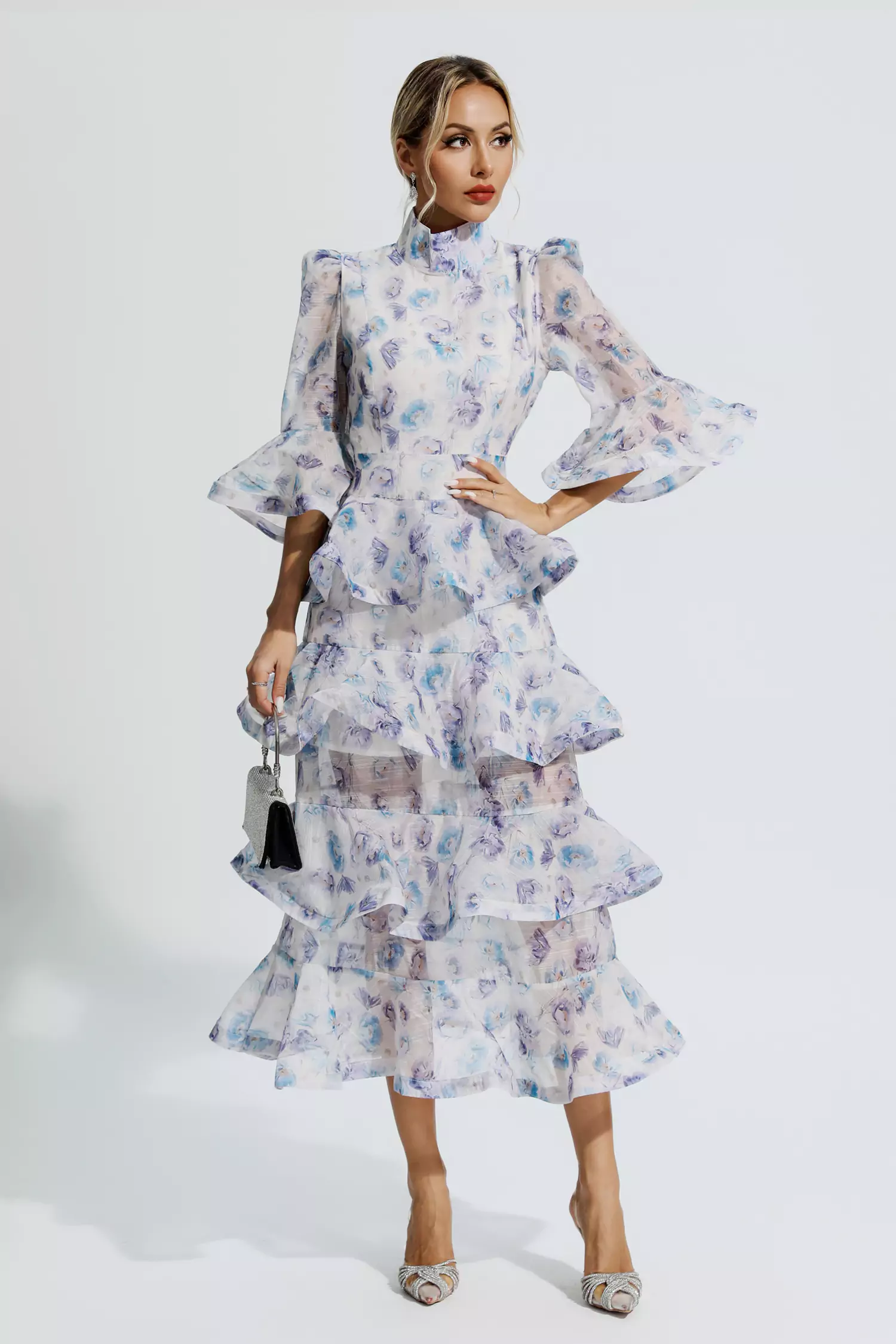 Carolina Blue Purple Floral Ruched Maxi Dress-CATCHALL