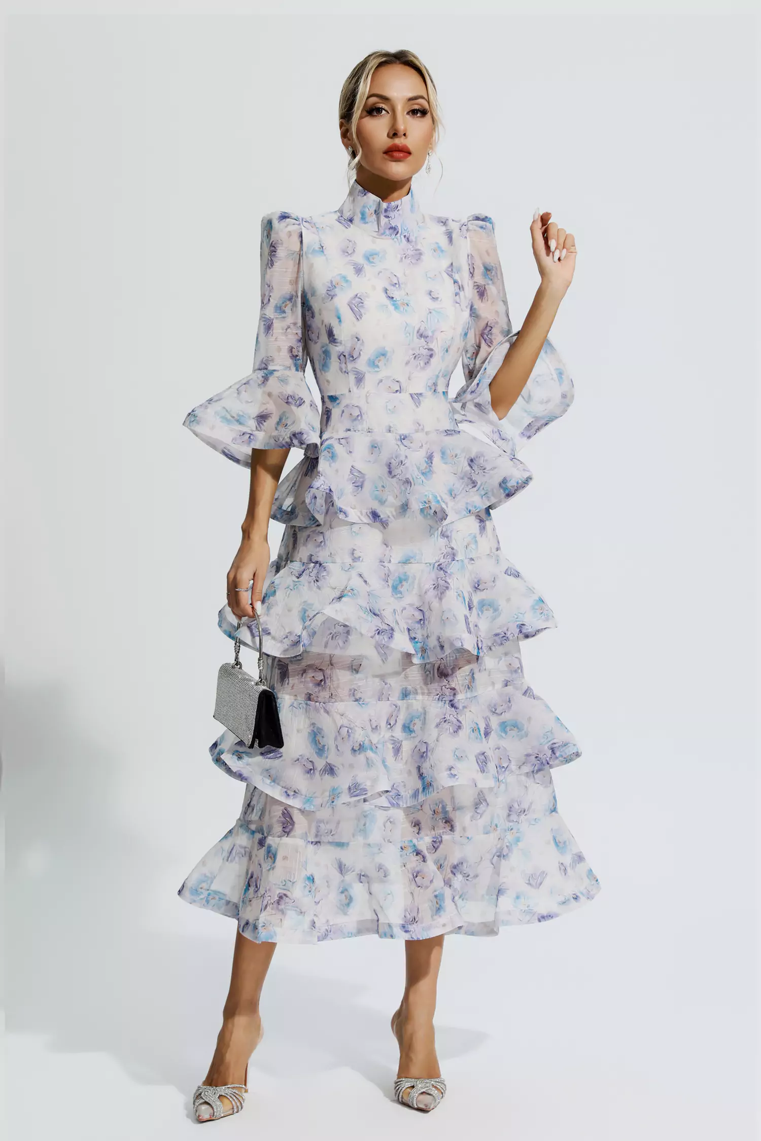 Carolina Blue Purple Floral Ruched Maxi Dress-CATCHALL