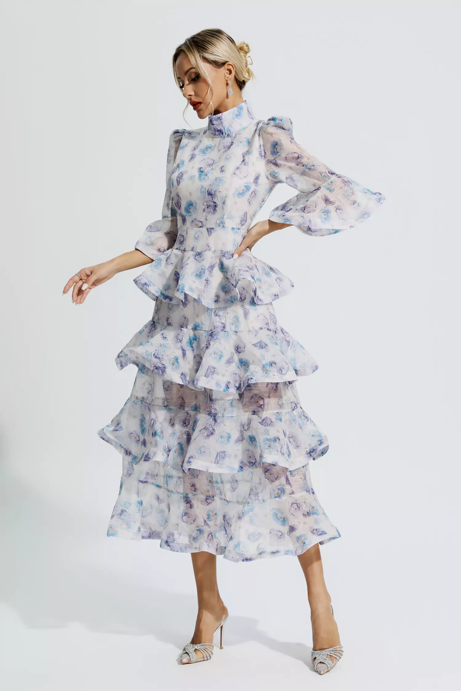 Carolina Blue Purple Floral Ruched Maxi Dress-CATCHALL