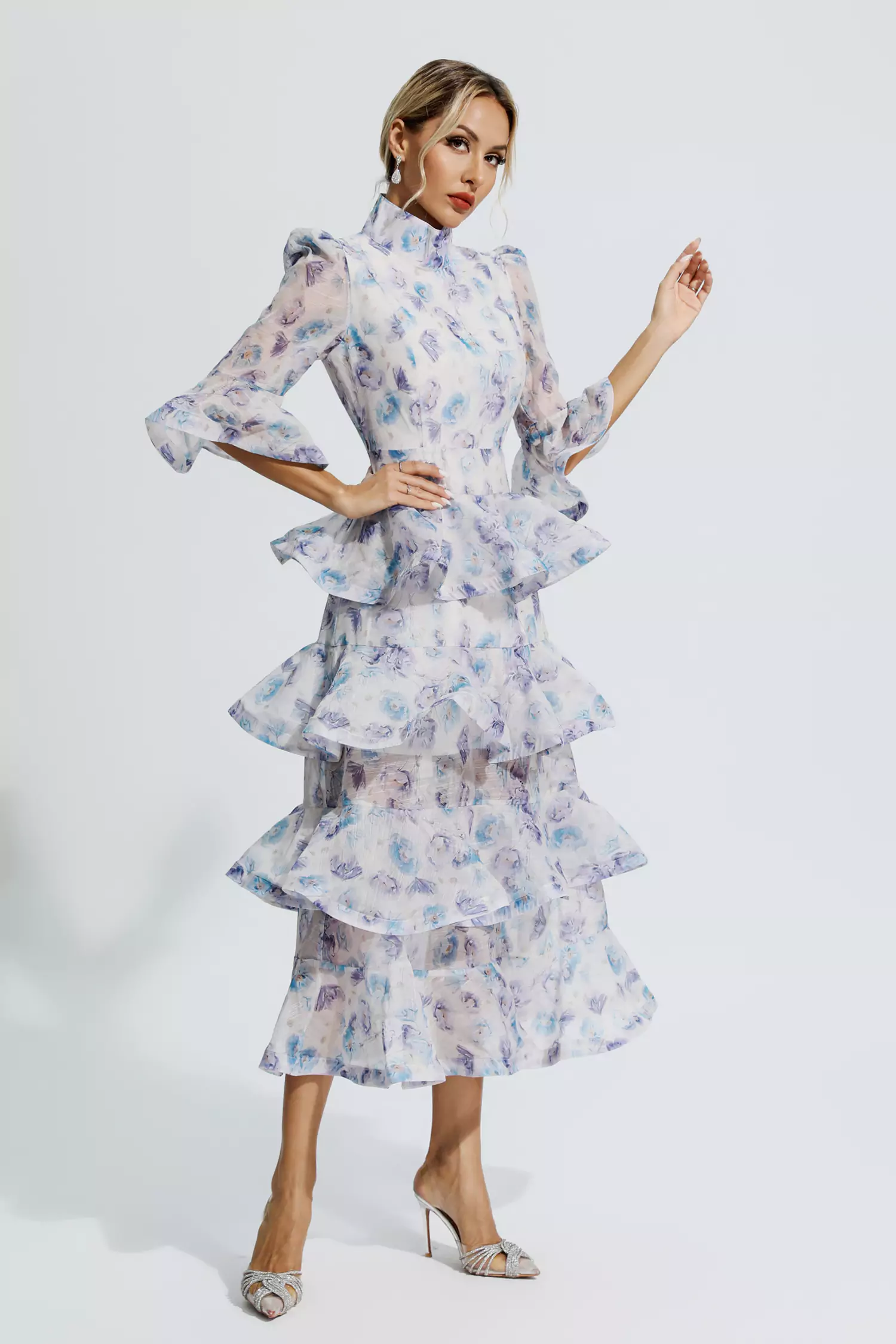 Carolina Blue Purple Floral Ruched Maxi Dress-CATCHALL