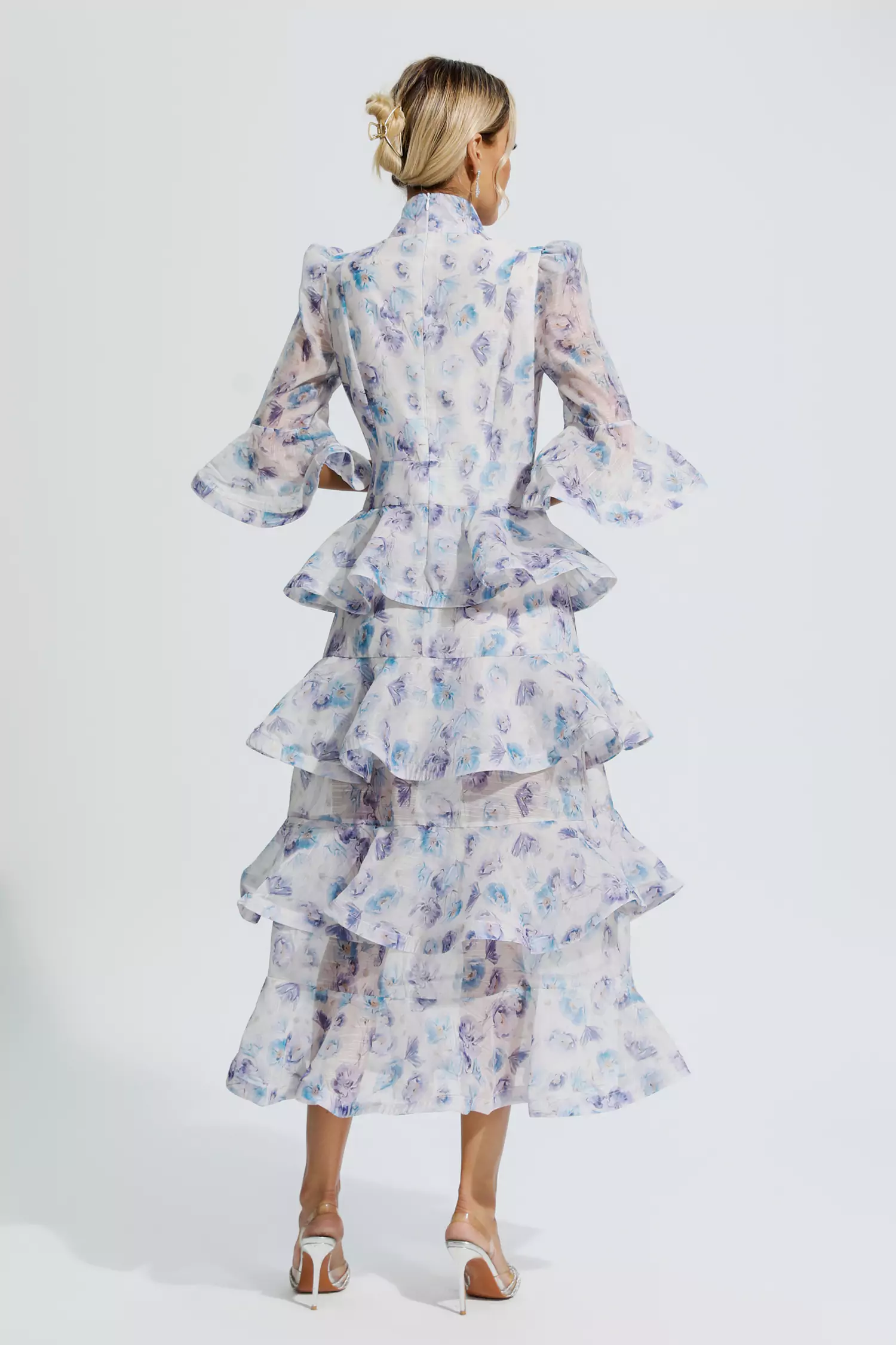 Carolina Blue Purple Floral Ruched Maxi Dress-CATCHALL