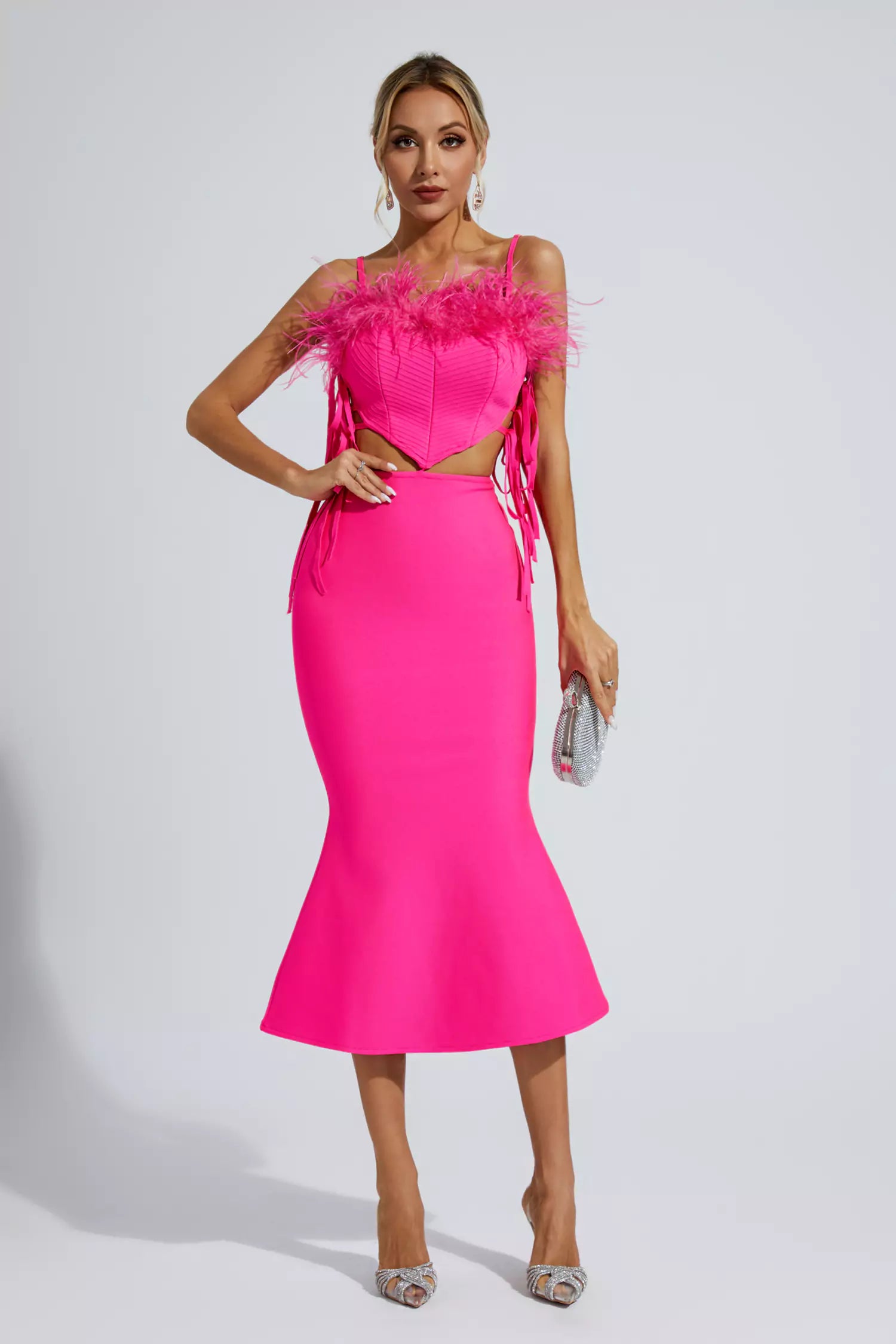 Carter Pink Feather Bandage Midi Dress-CATCHALL