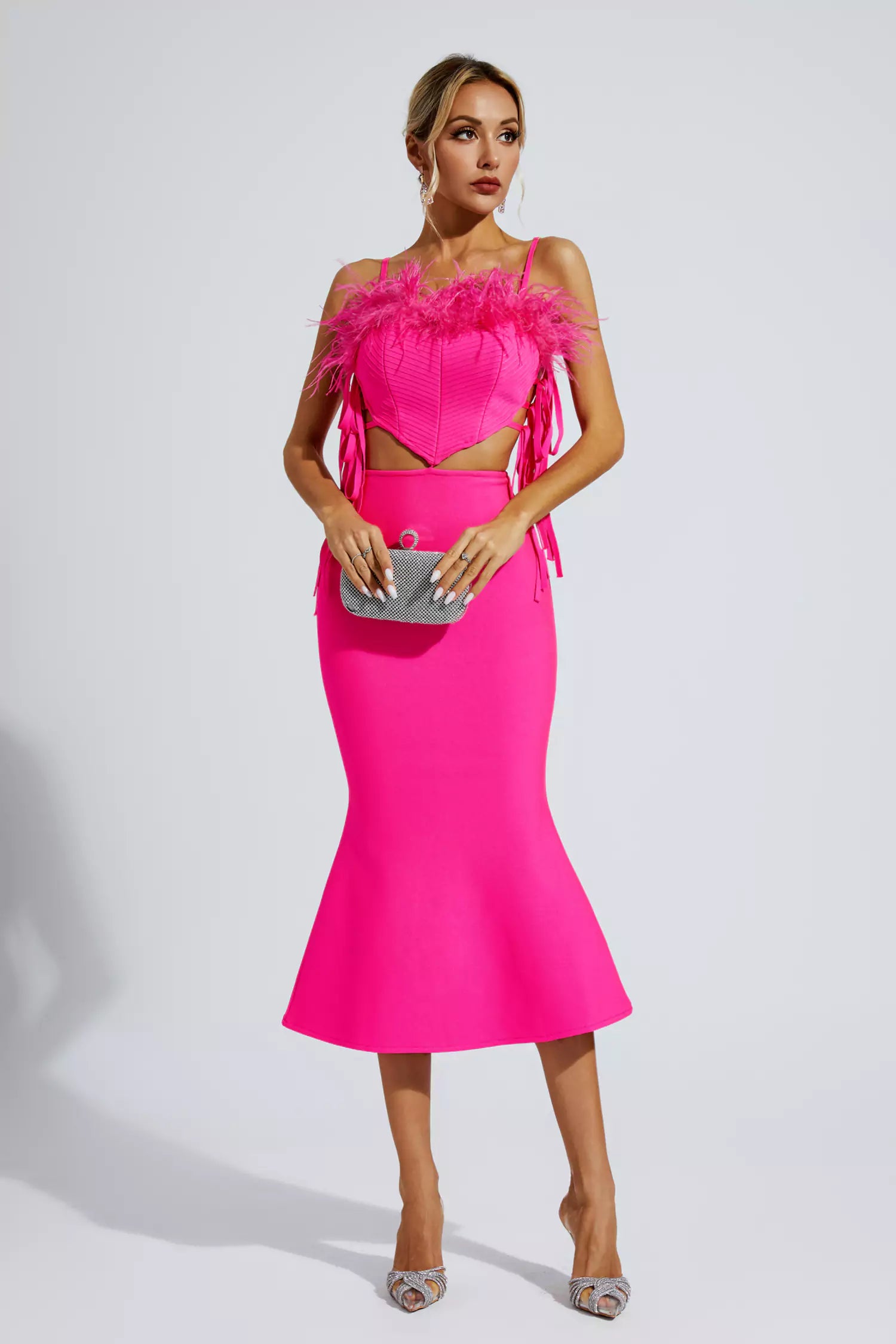 Carter Pink Feather Bandage Midi Dress-CATCHALL