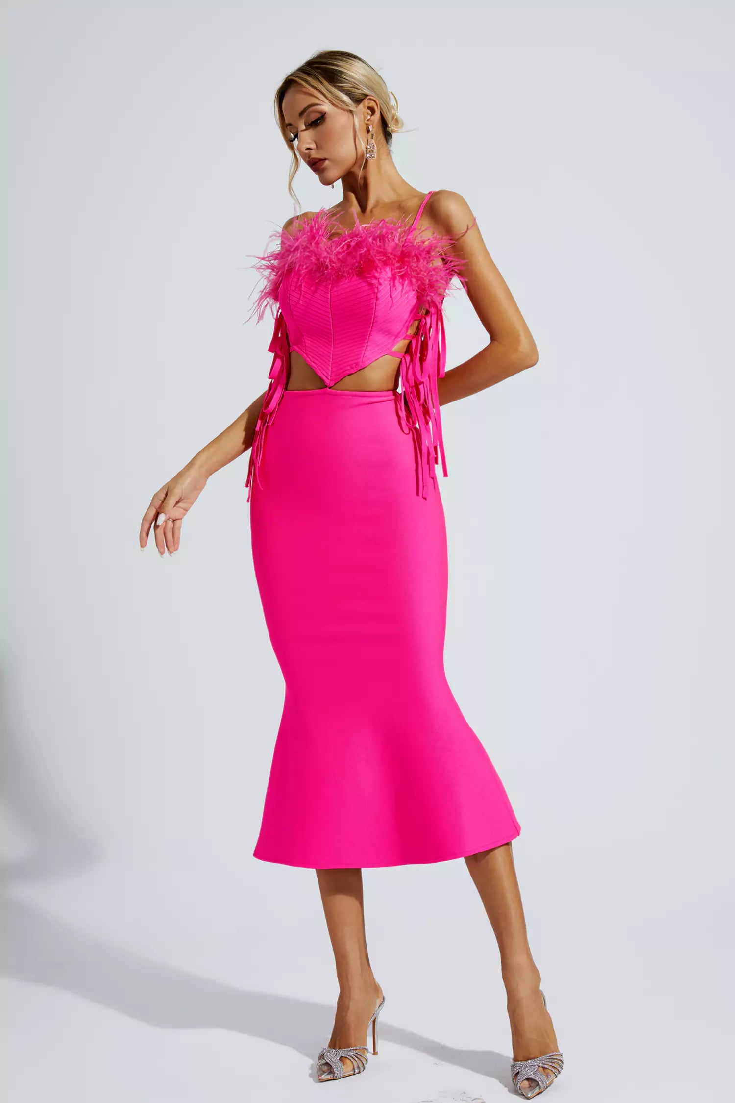 Carter Pink Feather Bandage Midi Dress-CATCHALL