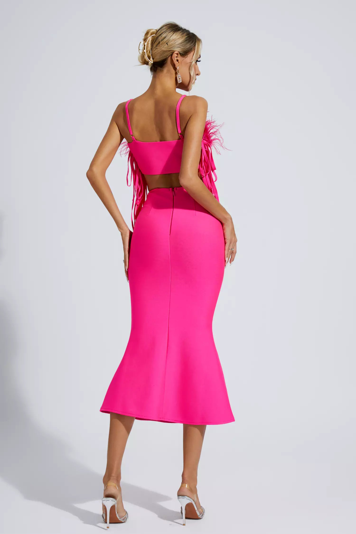 Carter Pink Feather Bandage Midi Dress-CATCHALL