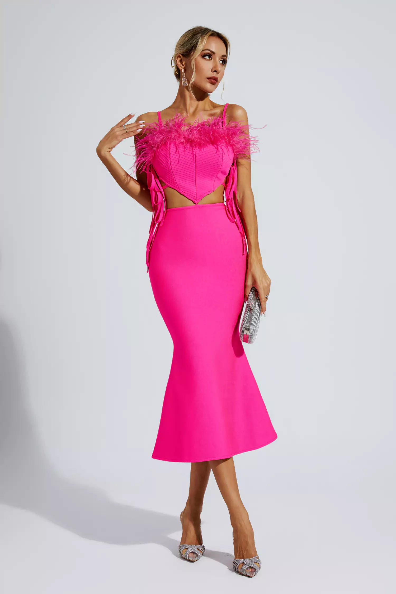 Carter Pink Feather Bandage Midi Dress-CATCHALL