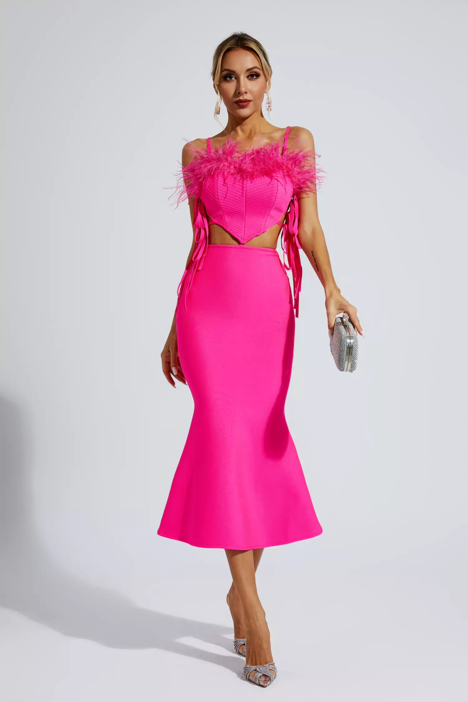 Carter Pink Feather Bandage Midi Dress-CATCHALL