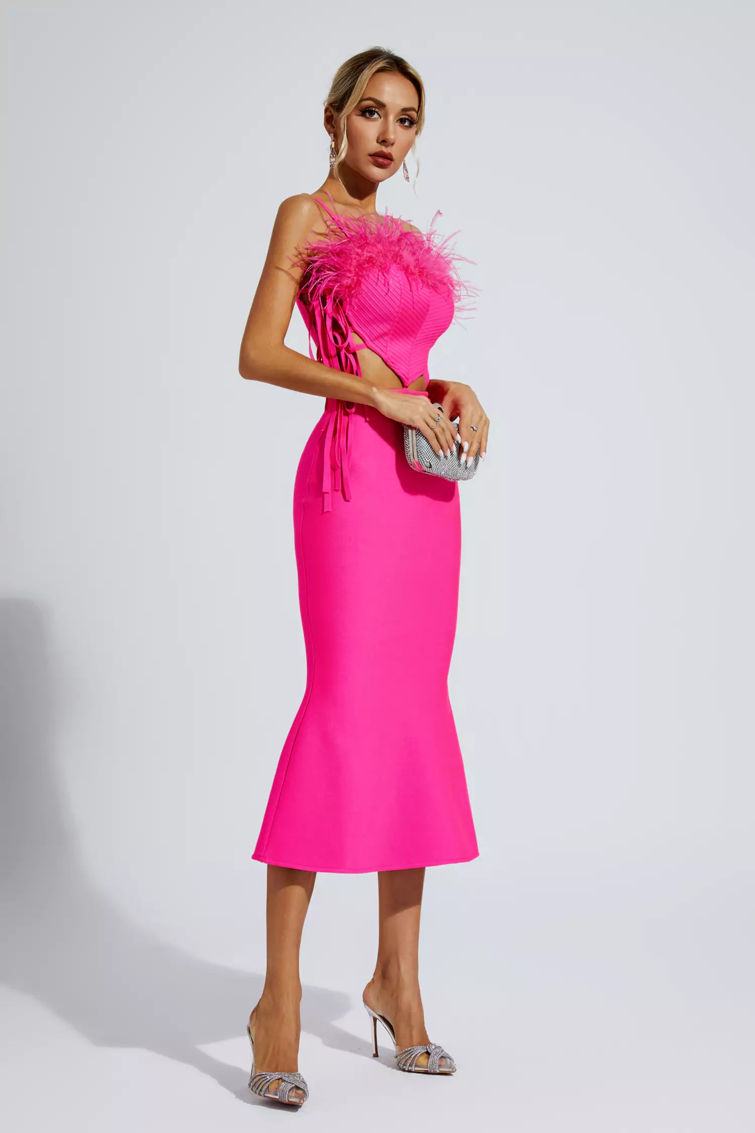 Carter Pink Feather Bandage Midi Dress-CATCHALL