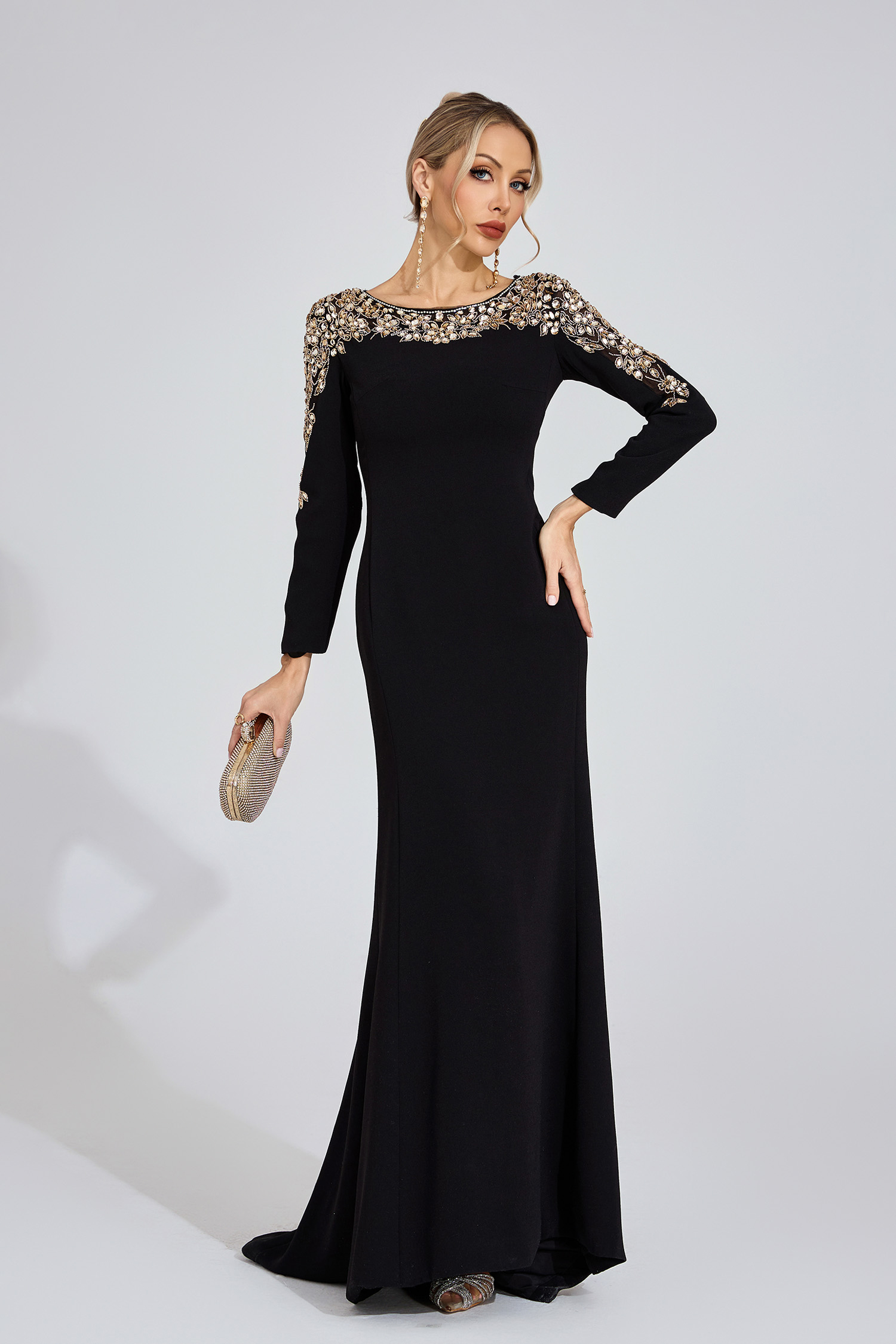 Carys Black Gold-Shoulder Maxi Dress