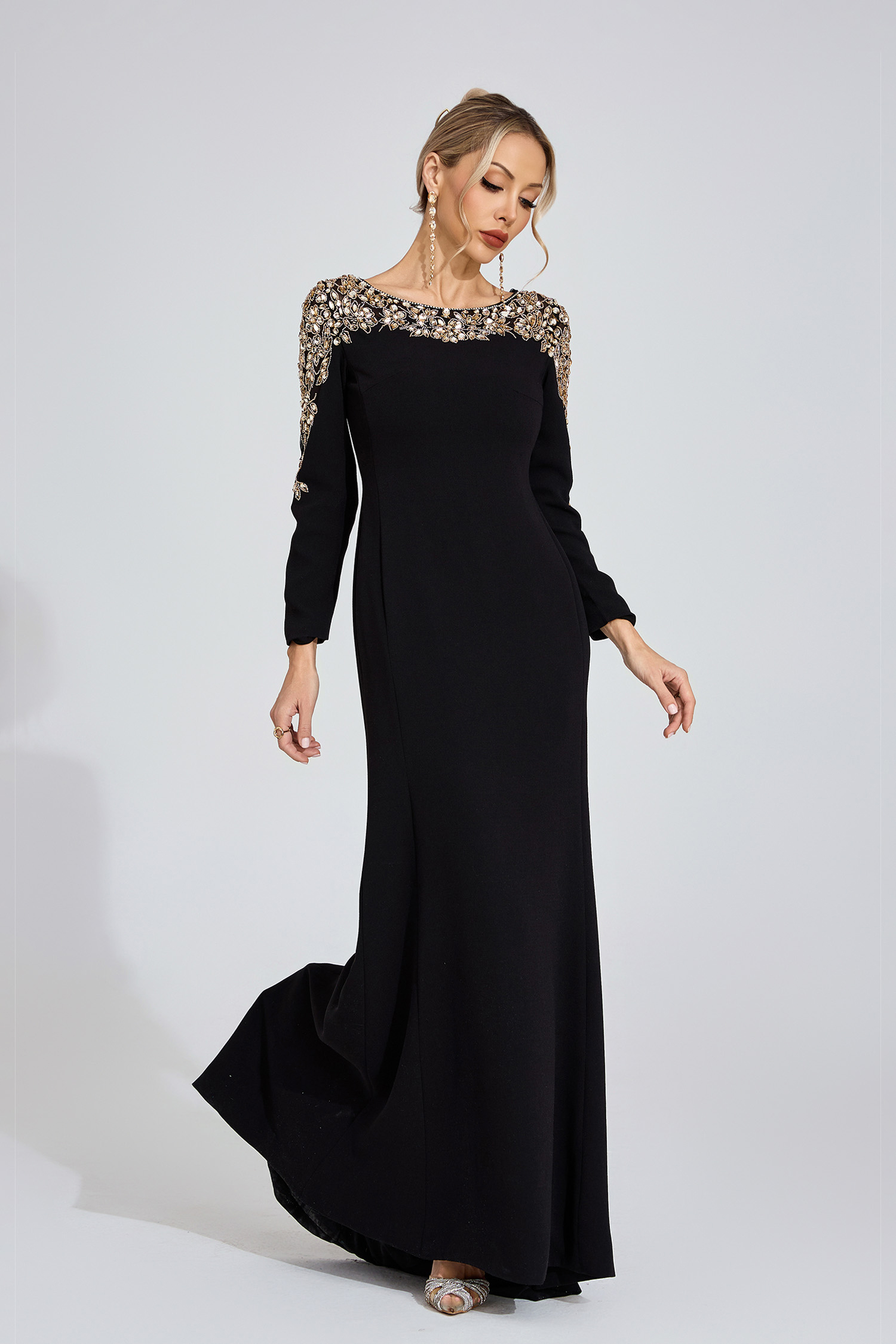 Carys Black Gold-Shoulder Maxi Dress