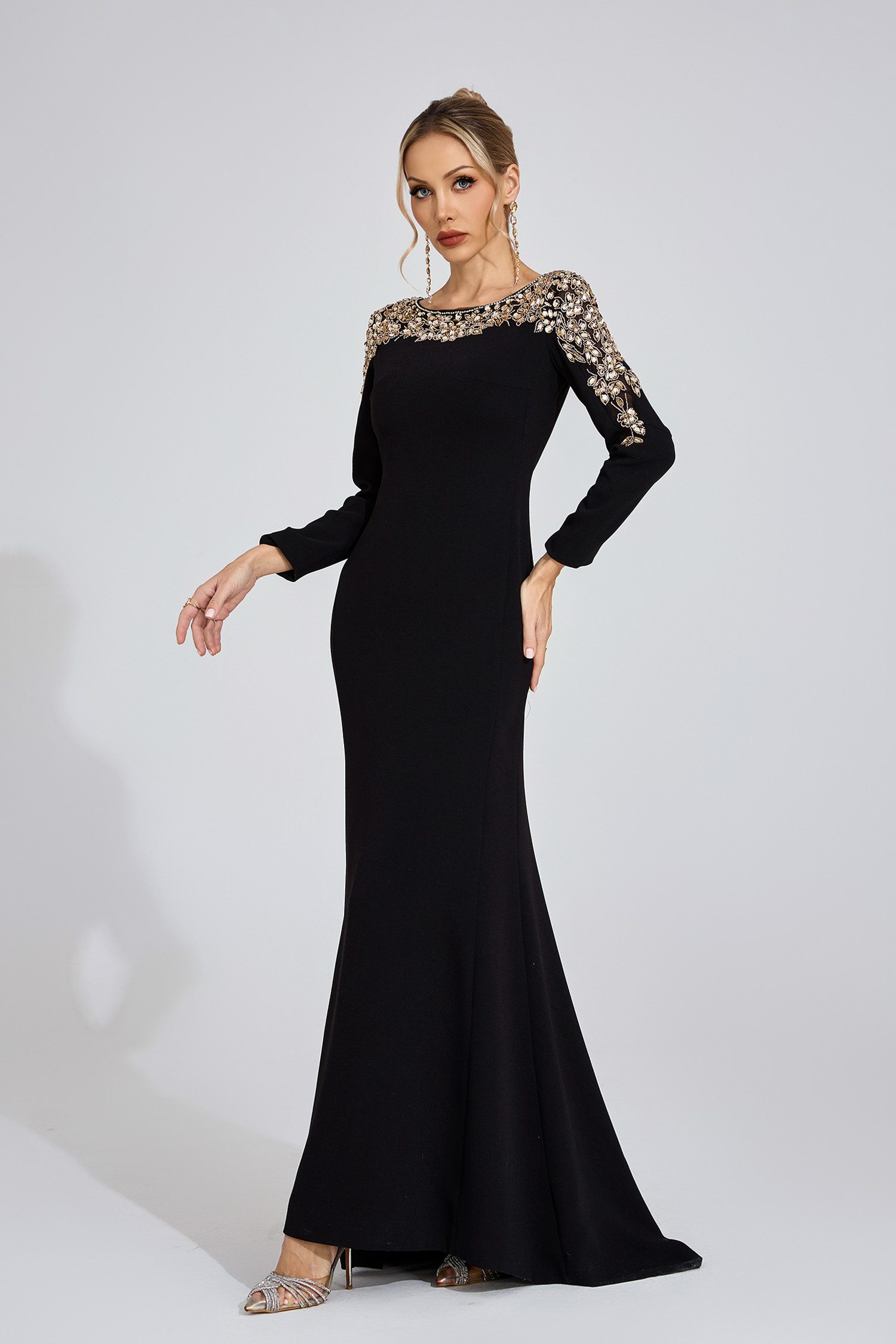 Carys Black Gold-Shoulder Maxi Dress