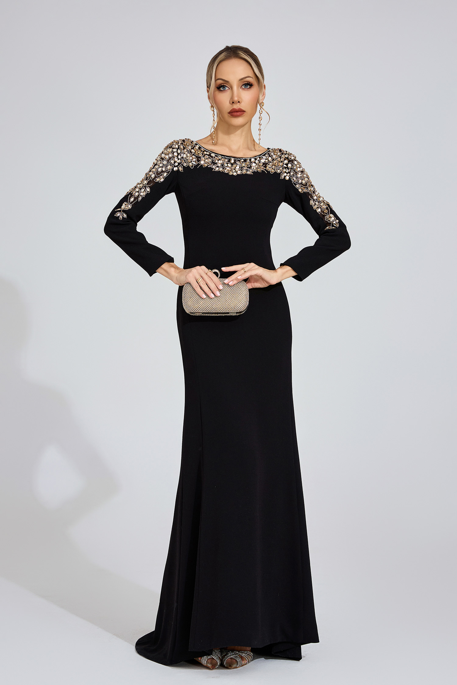 Carys Black Gold-Shoulder Maxi Dress