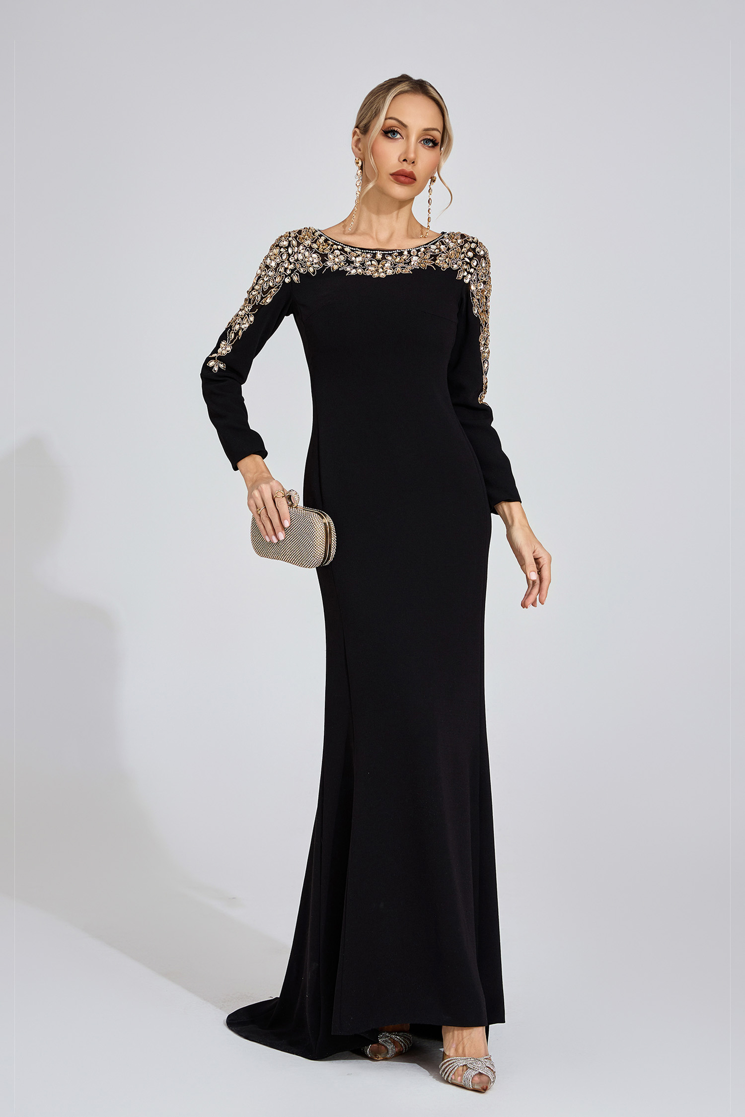 Carys Black Gold-Shoulder Maxi Dress
