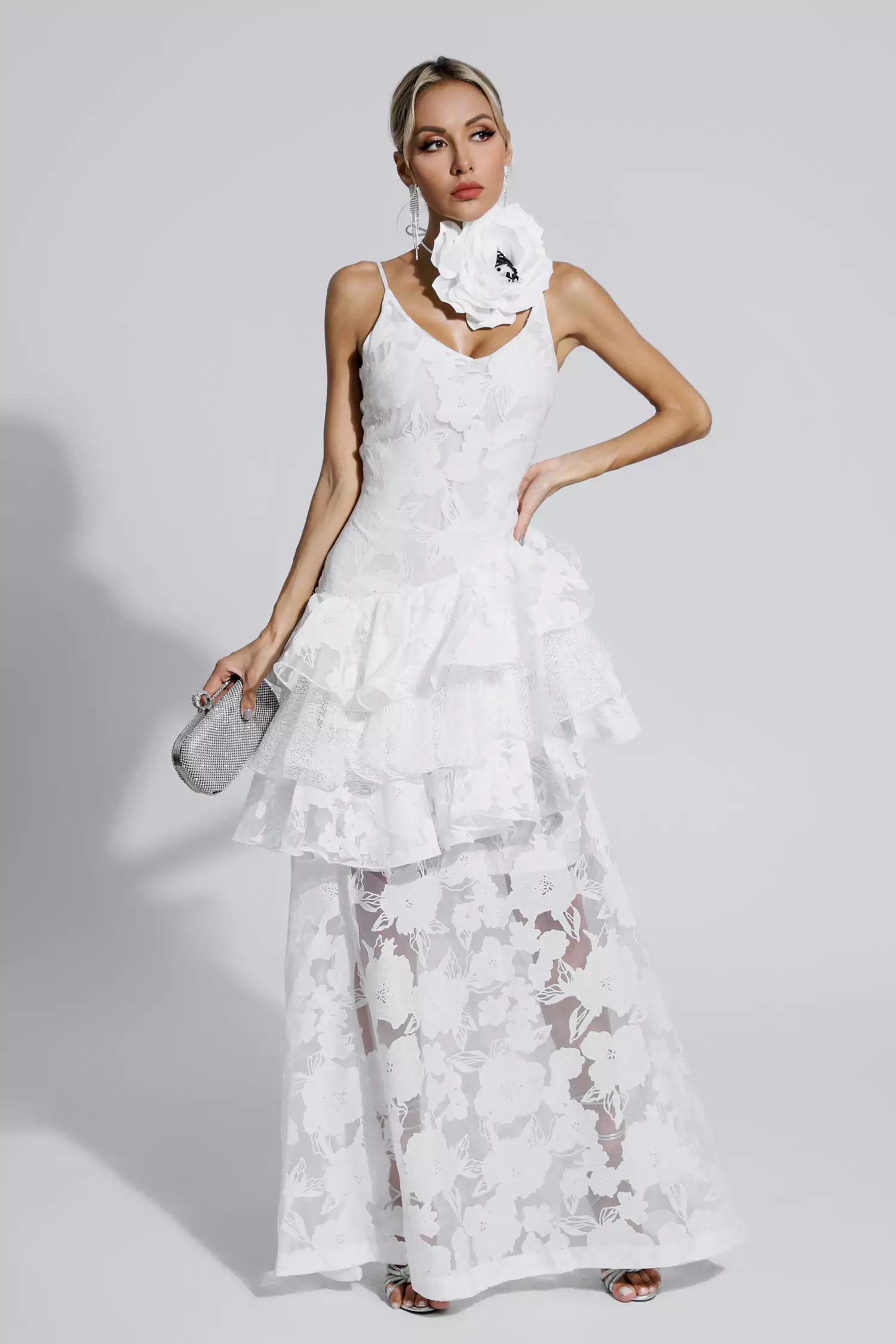 Cassandra White Cut Out Floral Maxi Dress-CATCHALL