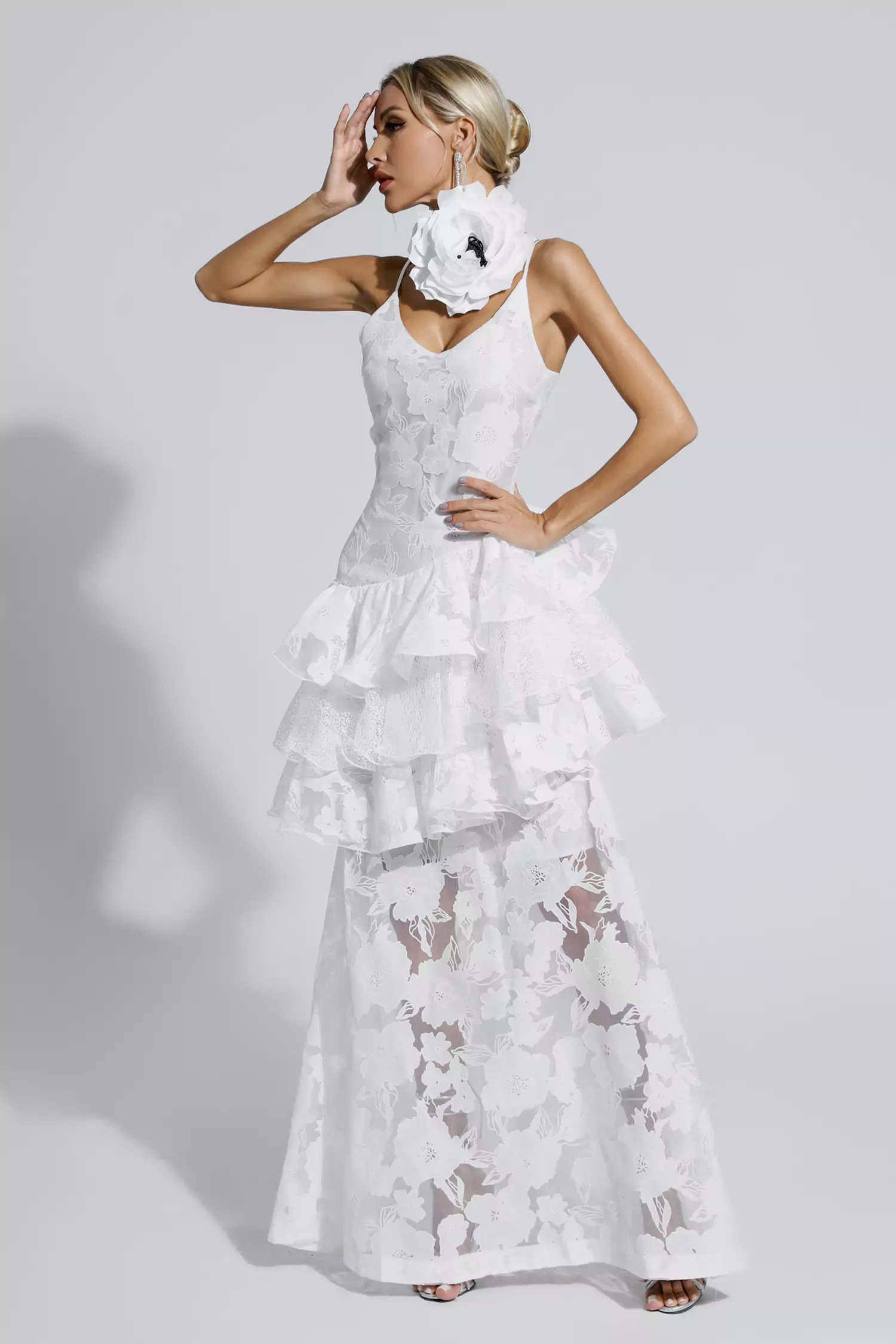 Cassandra White Cut Out Floral Maxi Dress-CATCHALL
