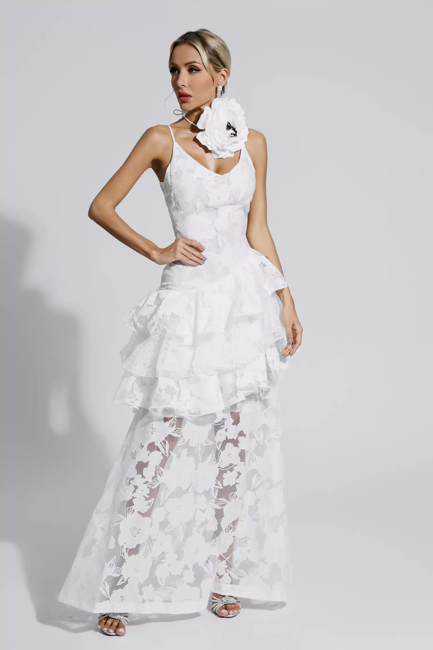 Cassandra White Cut Out Floral Maxi Dress-CATCHALL