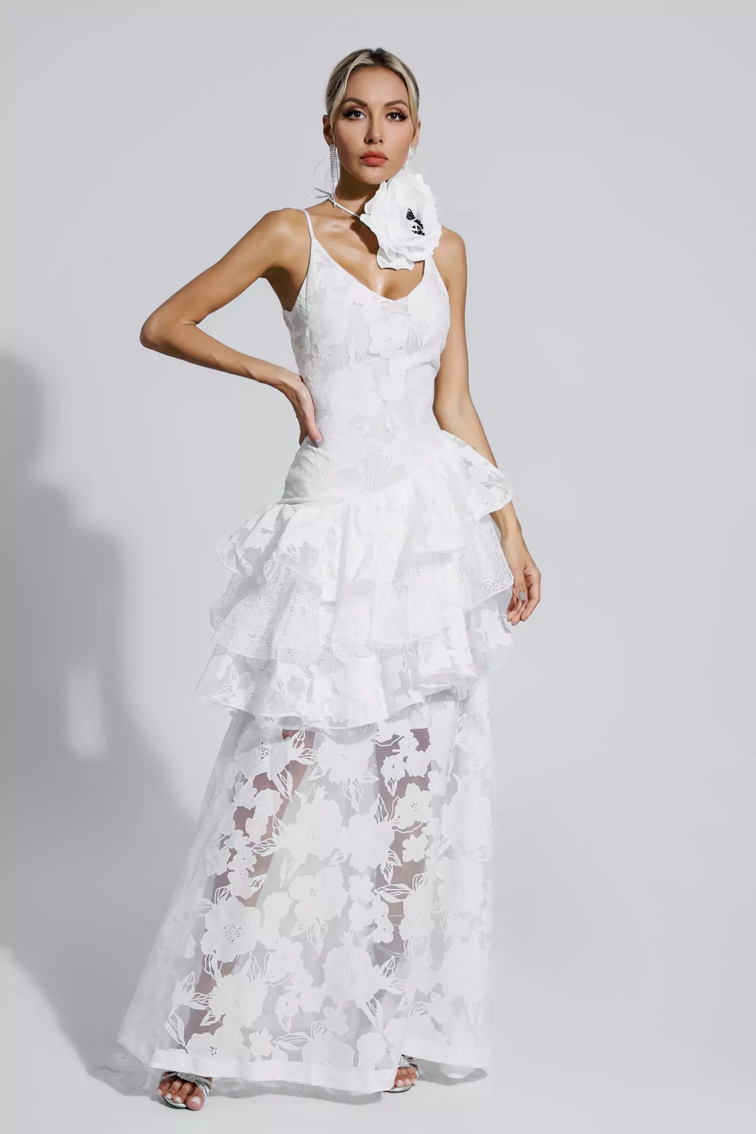 Cassandra White Cut Out Floral Maxi Dress-CATCHALL