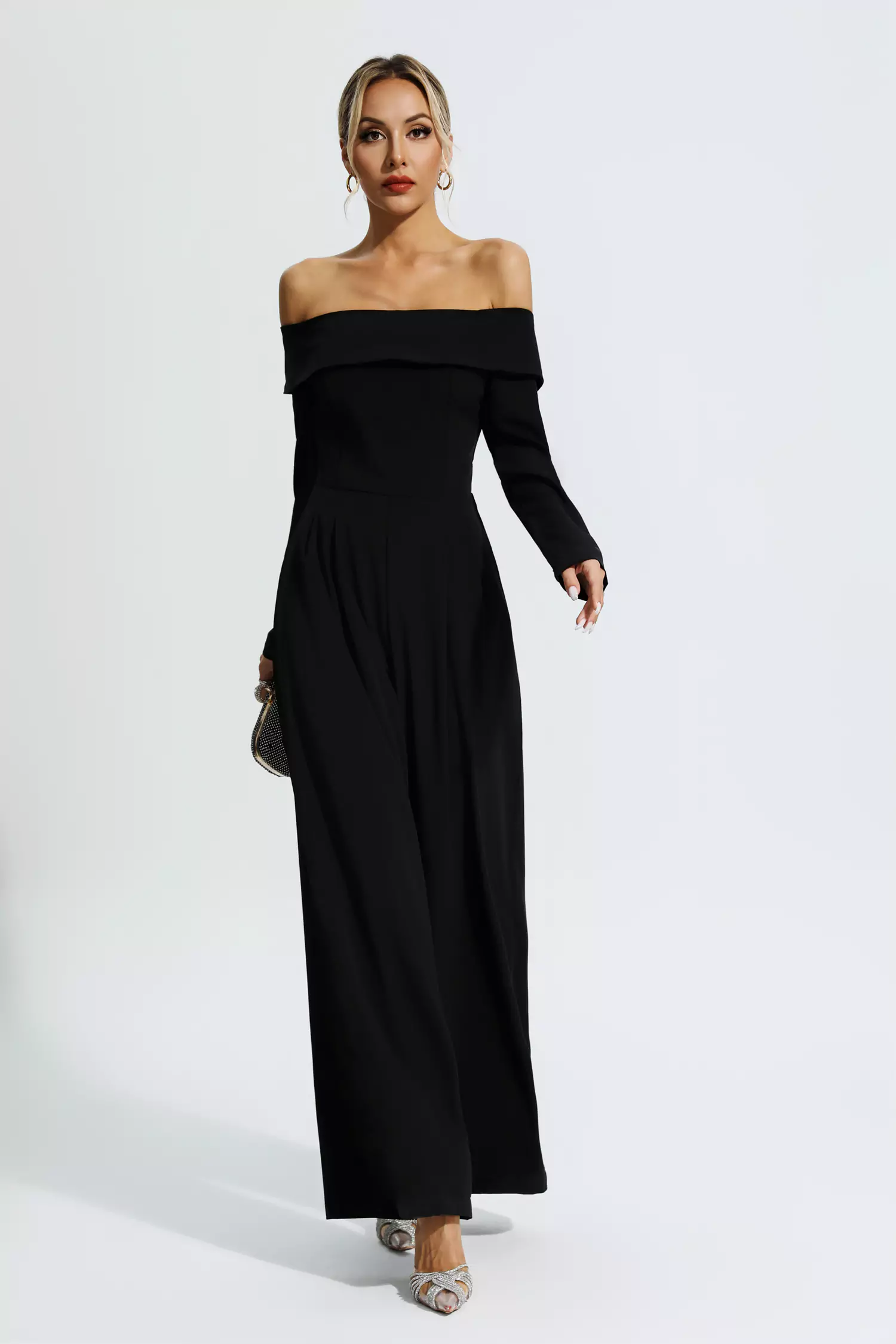 Cassidy Black Off Shoulder Drape Jumpsuit-CATCHALL