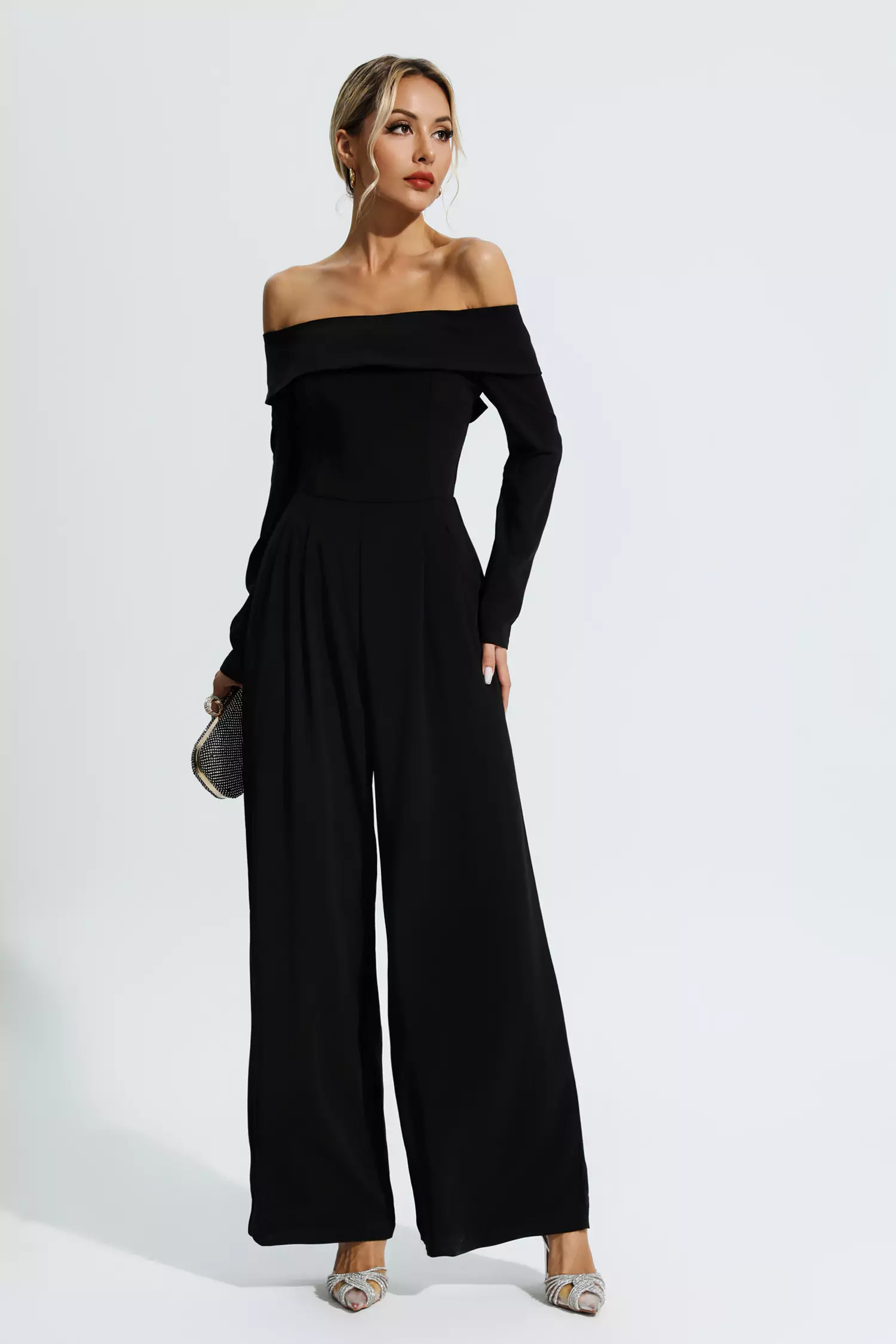 Cassidy Black Off Shoulder Drape Jumpsuit-CATCHALL