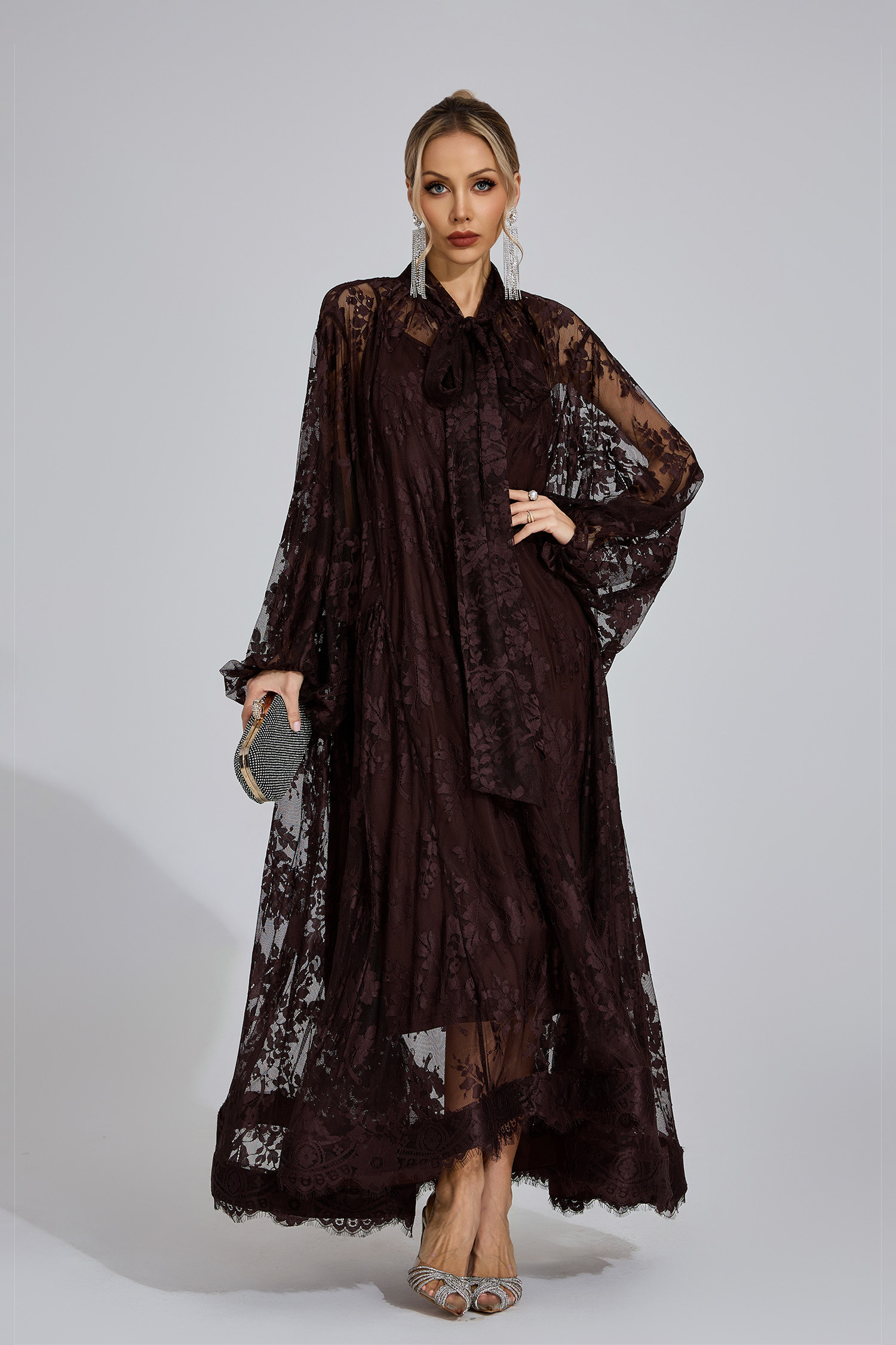 Ceridwen Dark Brown Embroidered Maxi Dress