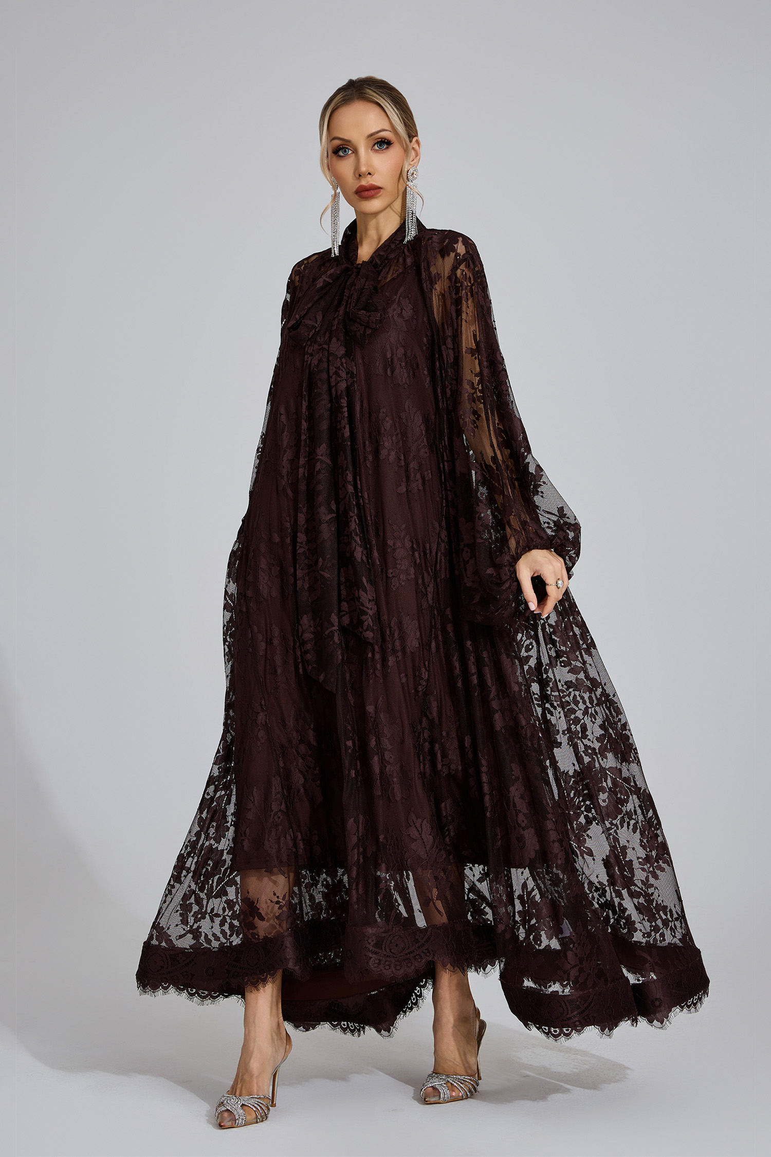 Ceridwen Dark Brown Embroidered Maxi Dress