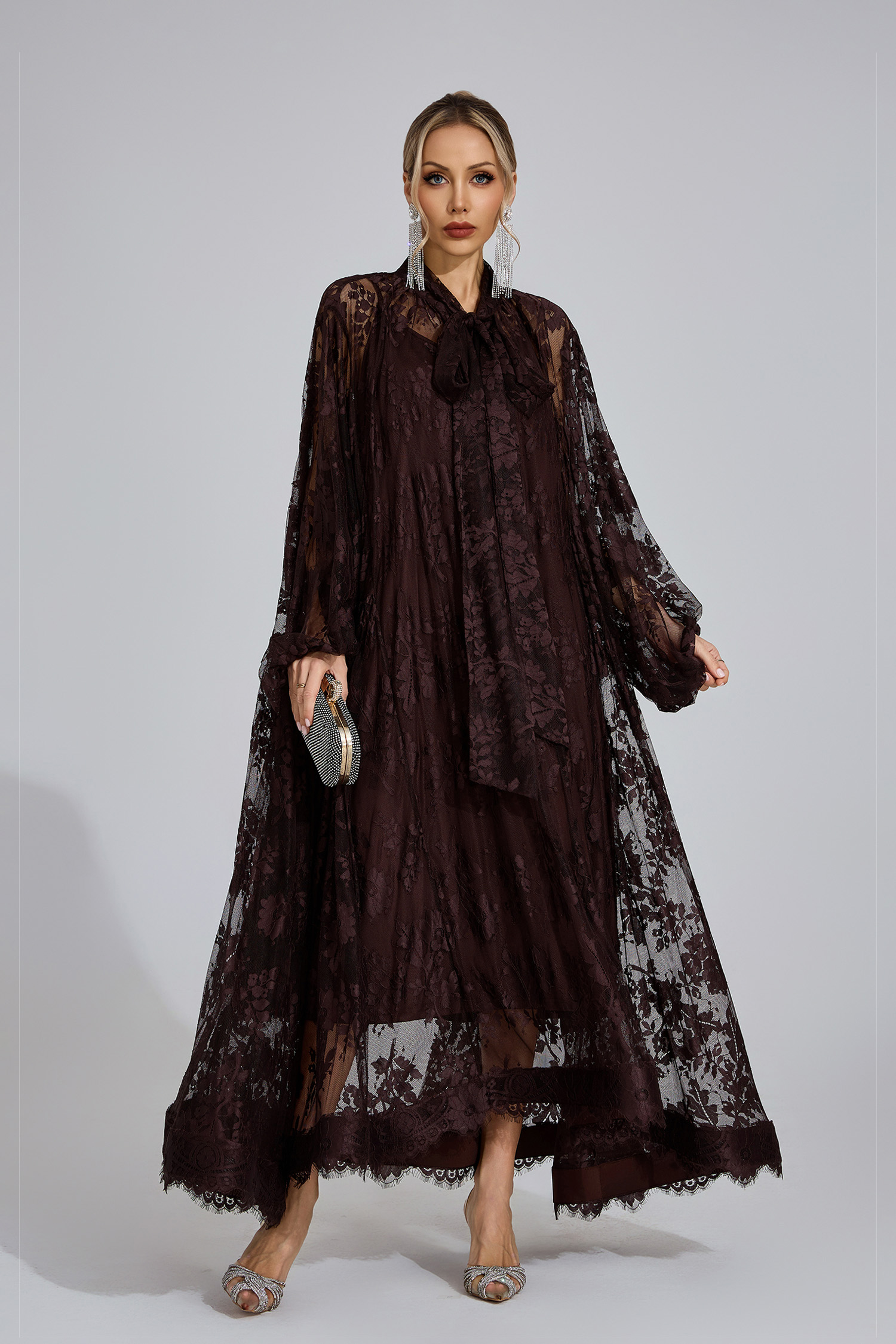 Ceridwen Dark Brown Embroidered Maxi Dress